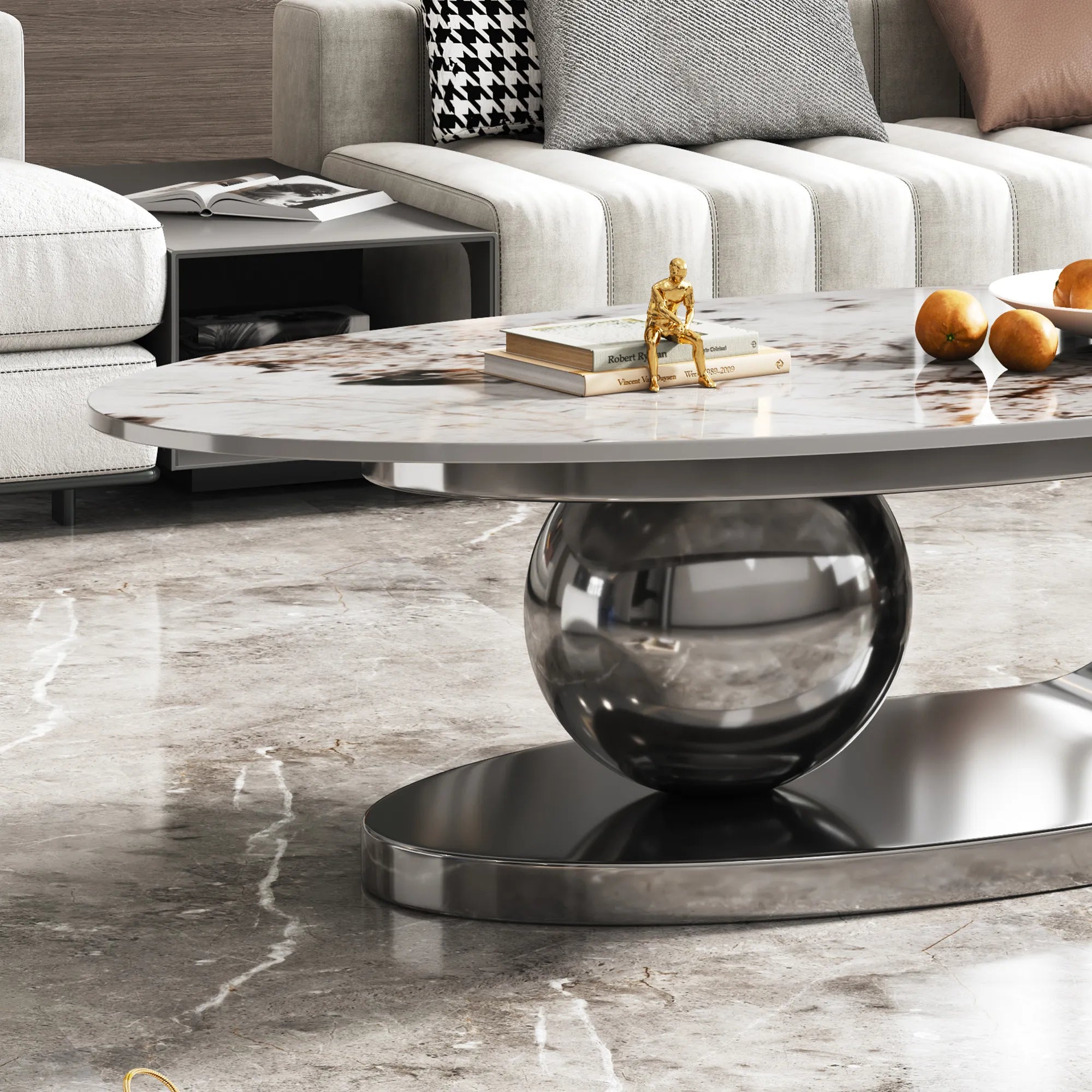 51" Oval Faux Marble Coffee Table With Stainless Steel Base