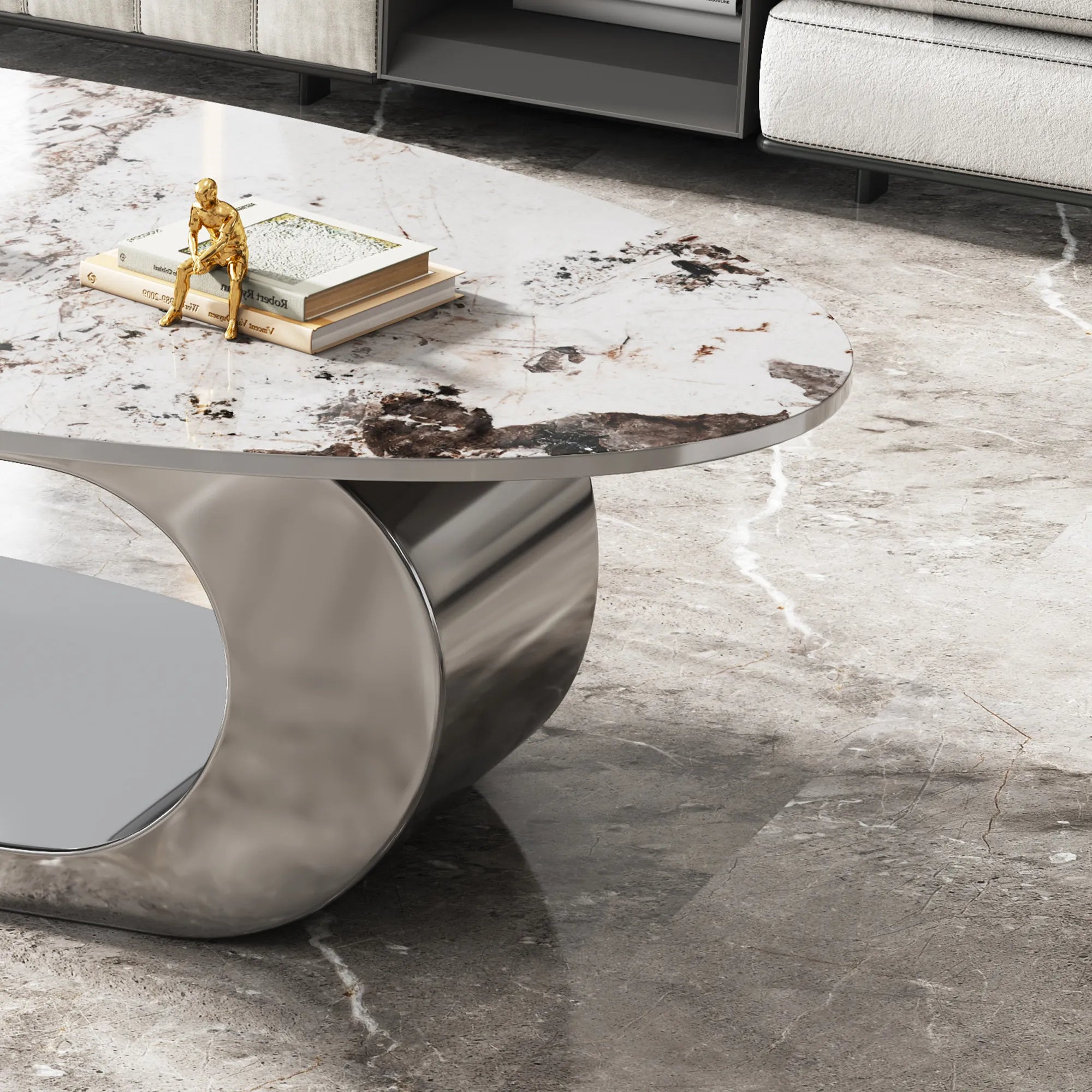 51" Oval Faux Marble Coffee Table With Stainless Steel Base