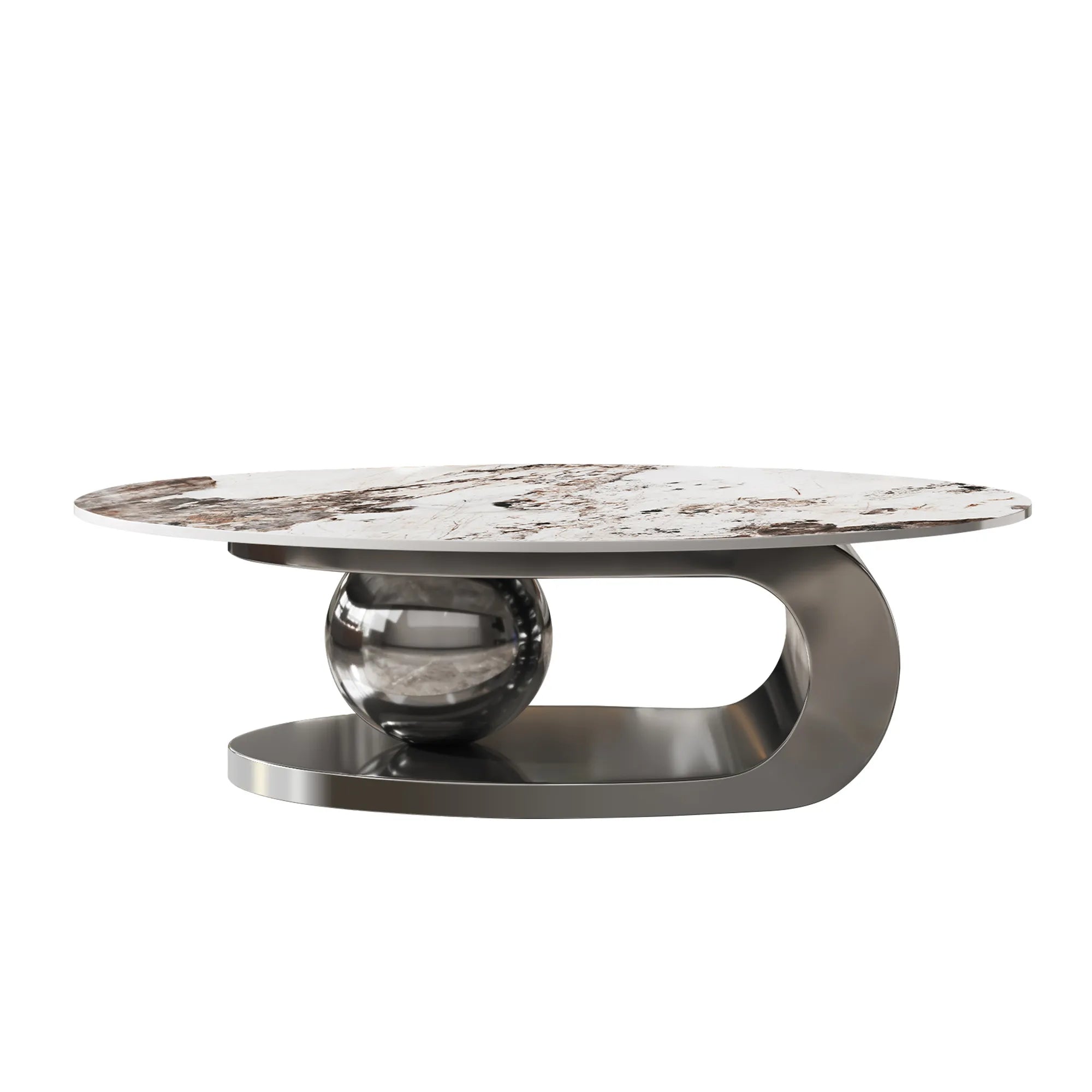 51" Oval Faux Marble Coffee Table With Stainless Steel Base