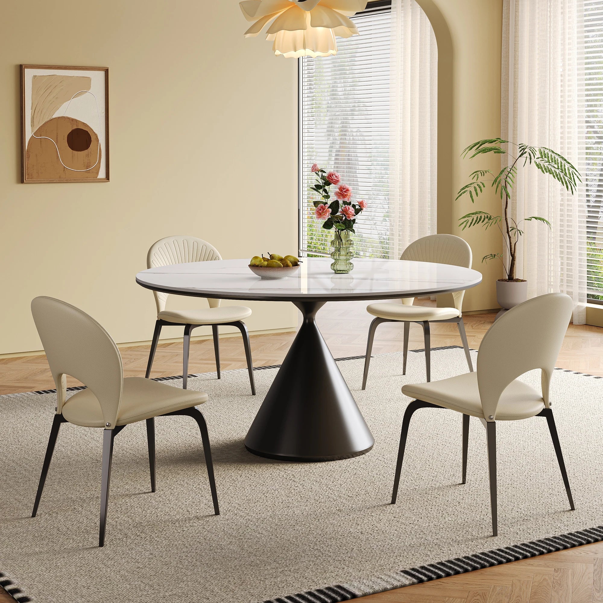 53" Modern Round Dining Table Set, With Artificial Stone Top & Stainless Steel Base