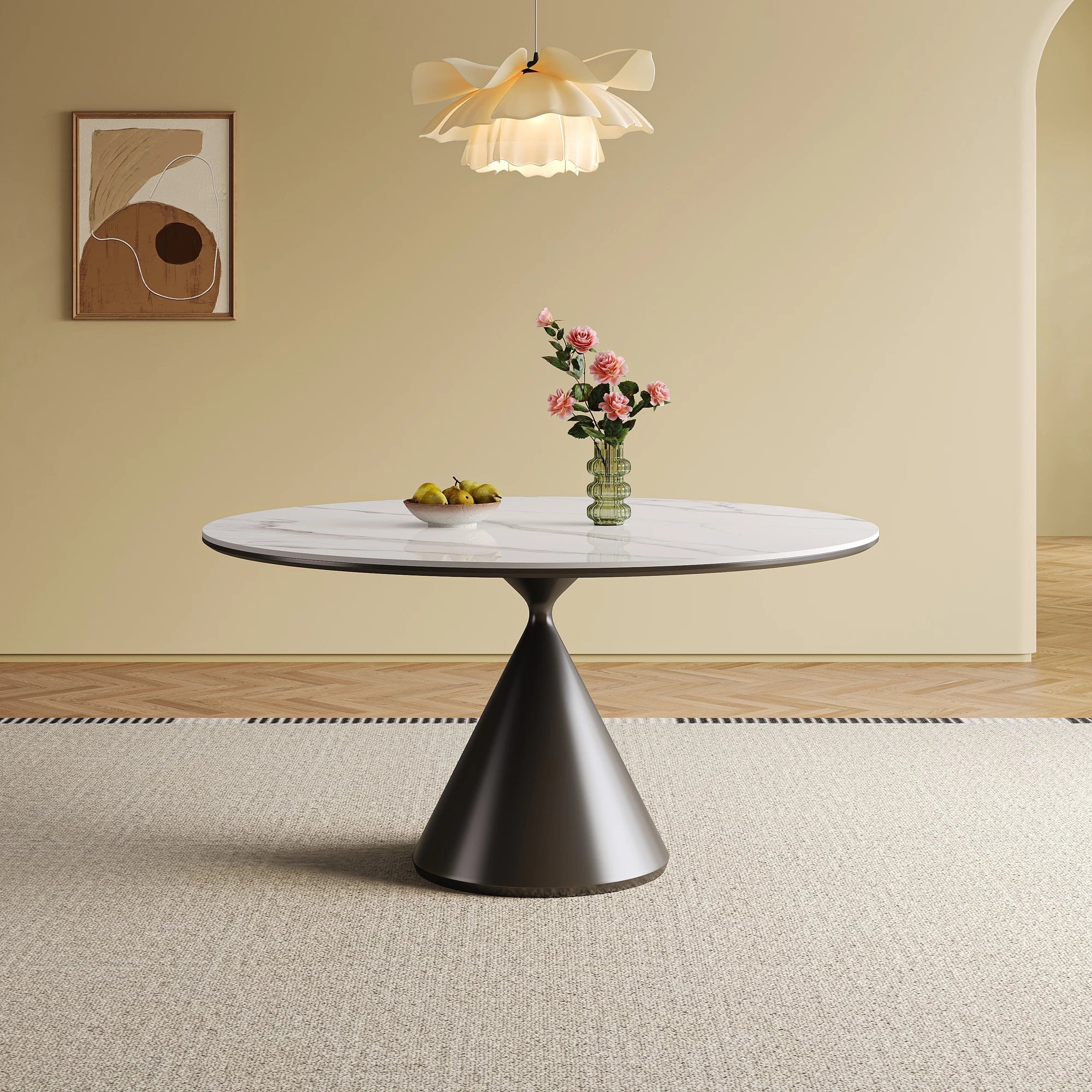 53" Modern Round Dining Table Set, With Artificial Stone Top & Stainless Steel Base