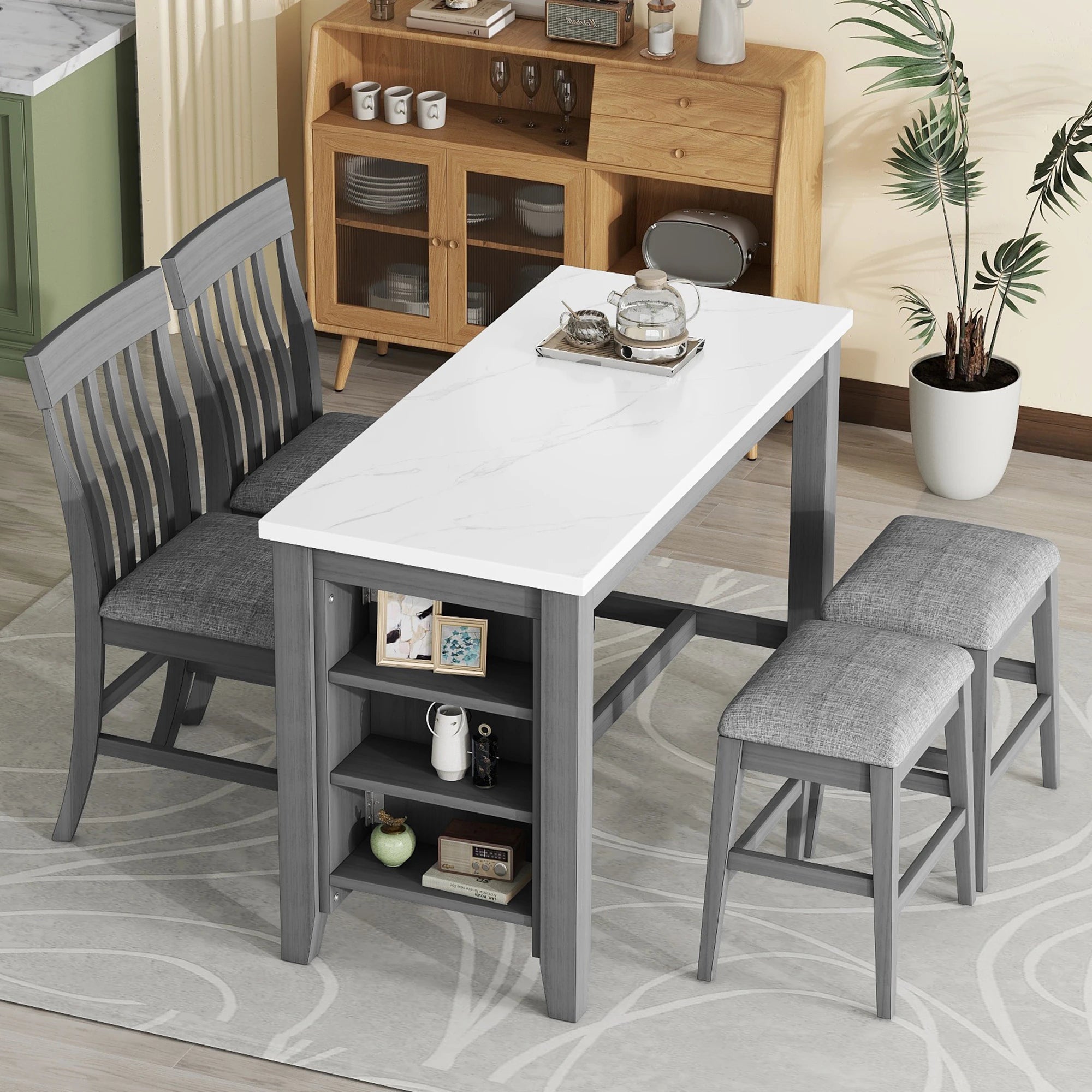 54" 5 Pieces Dining Table Set, Counter Height With 2 Chairs And 2 Stools