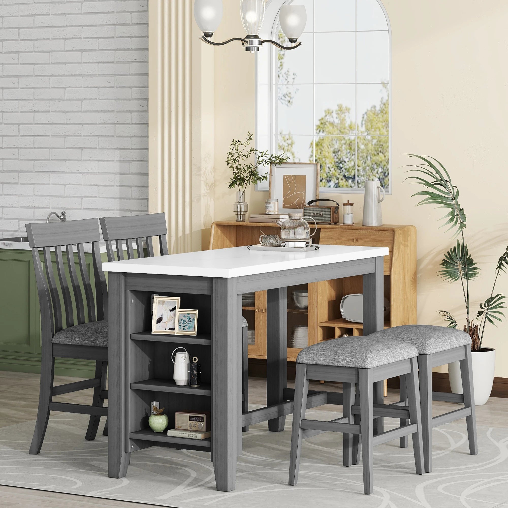 54" 5 Pieces Dining Table Set, Counter Height With 2 Chairs And 2 Stools