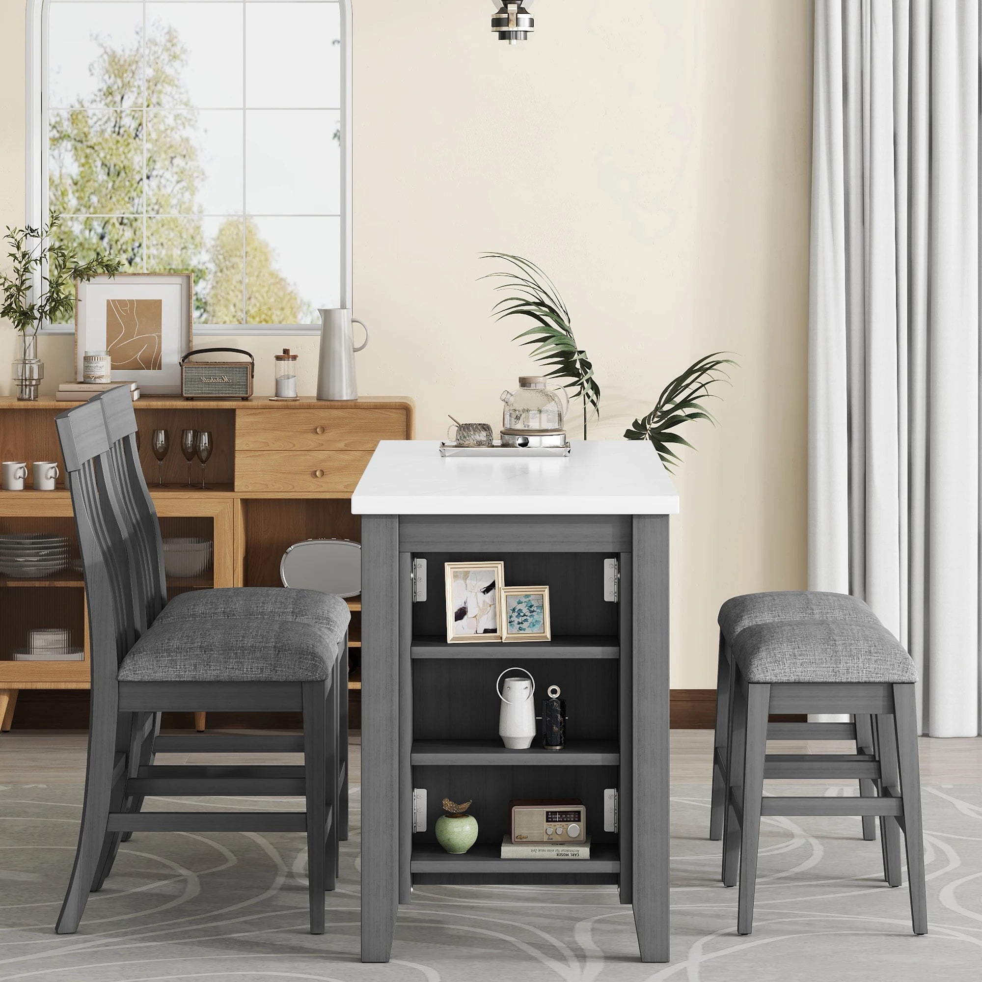 54" 5 Pieces Dining Table Set, Counter Height With 2 Chairs And 2 Stools