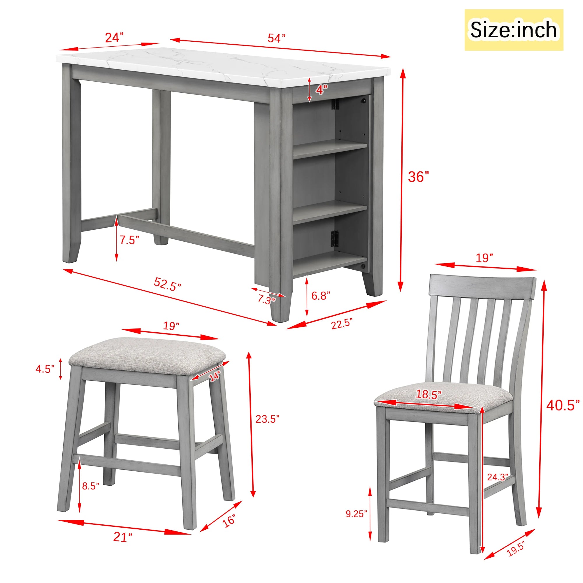 54" 5 Pieces Dining Table Set, Counter Height With 2 Chairs And 2 Stools