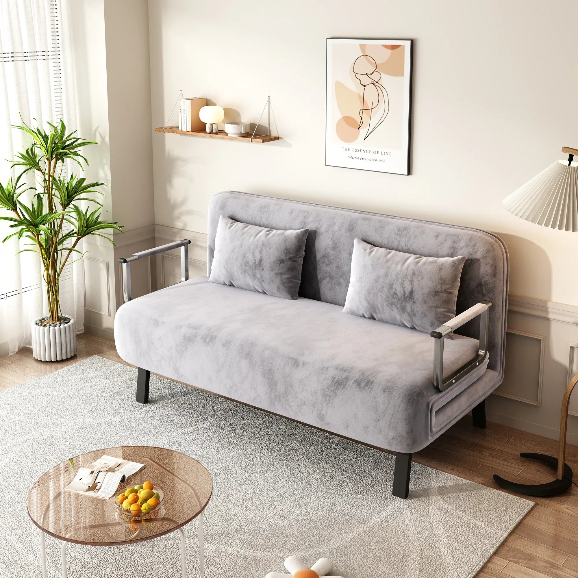 55″ Velvet Tri-Fold Convertible Sleeper Sofa Bed with Adjustable Backrest