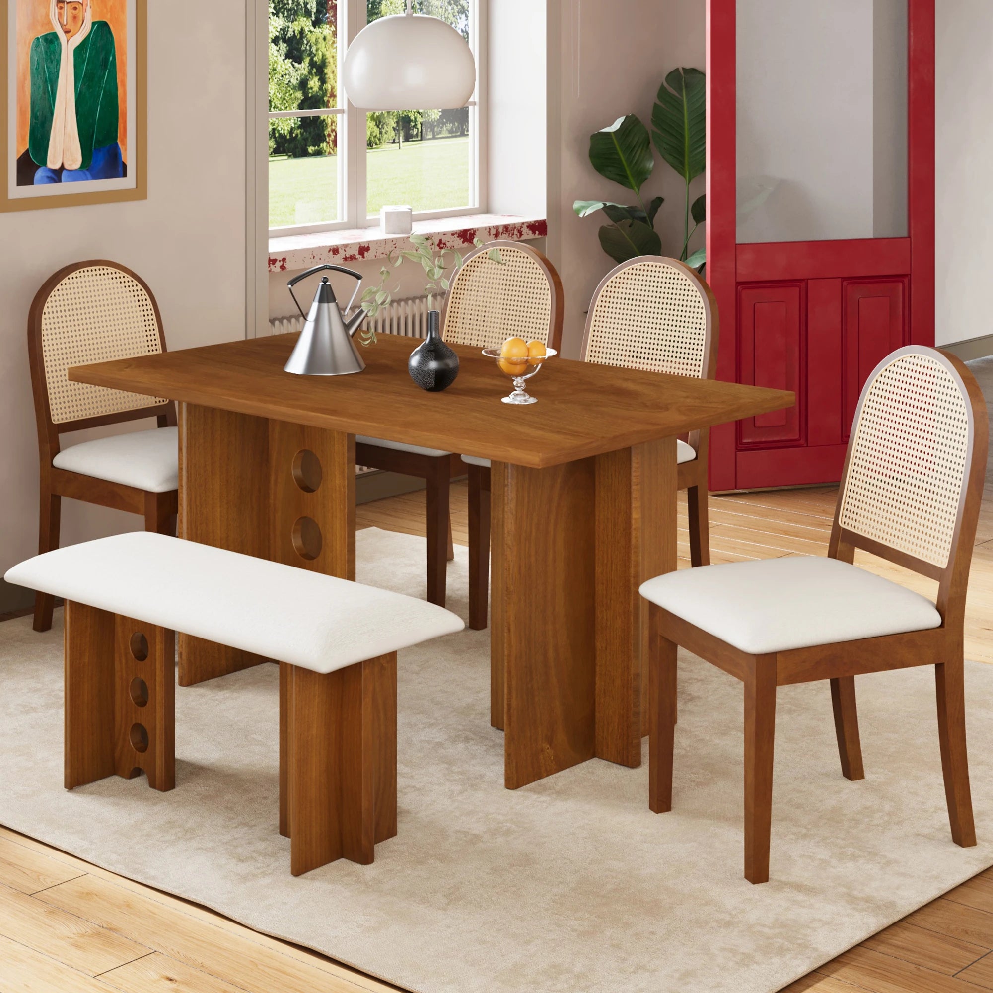 59" 6 Pieces Modern Dining Table Set With Chairs and Bench