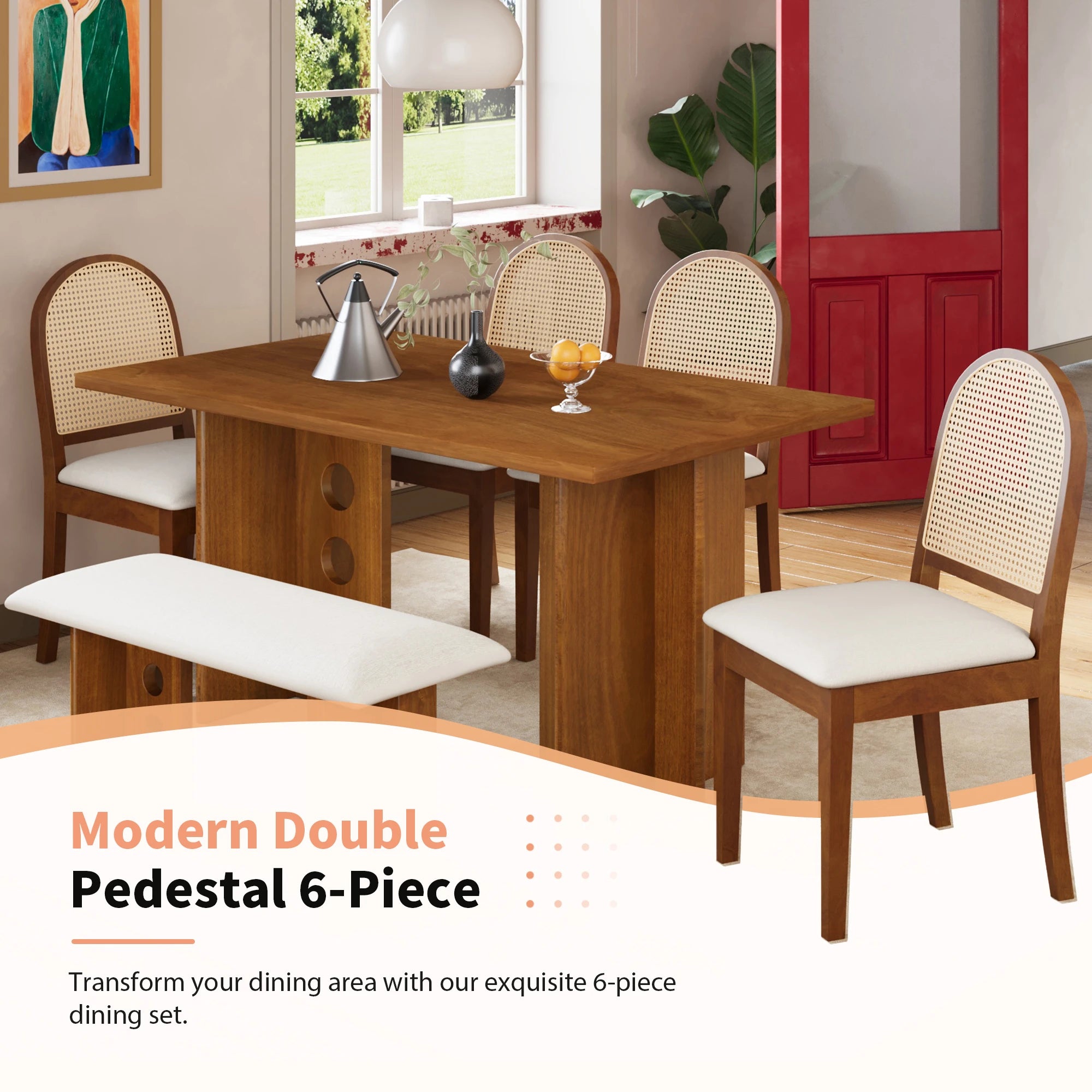 59" 6 Pieces Modern Dining Table Set With Chairs and Bench
