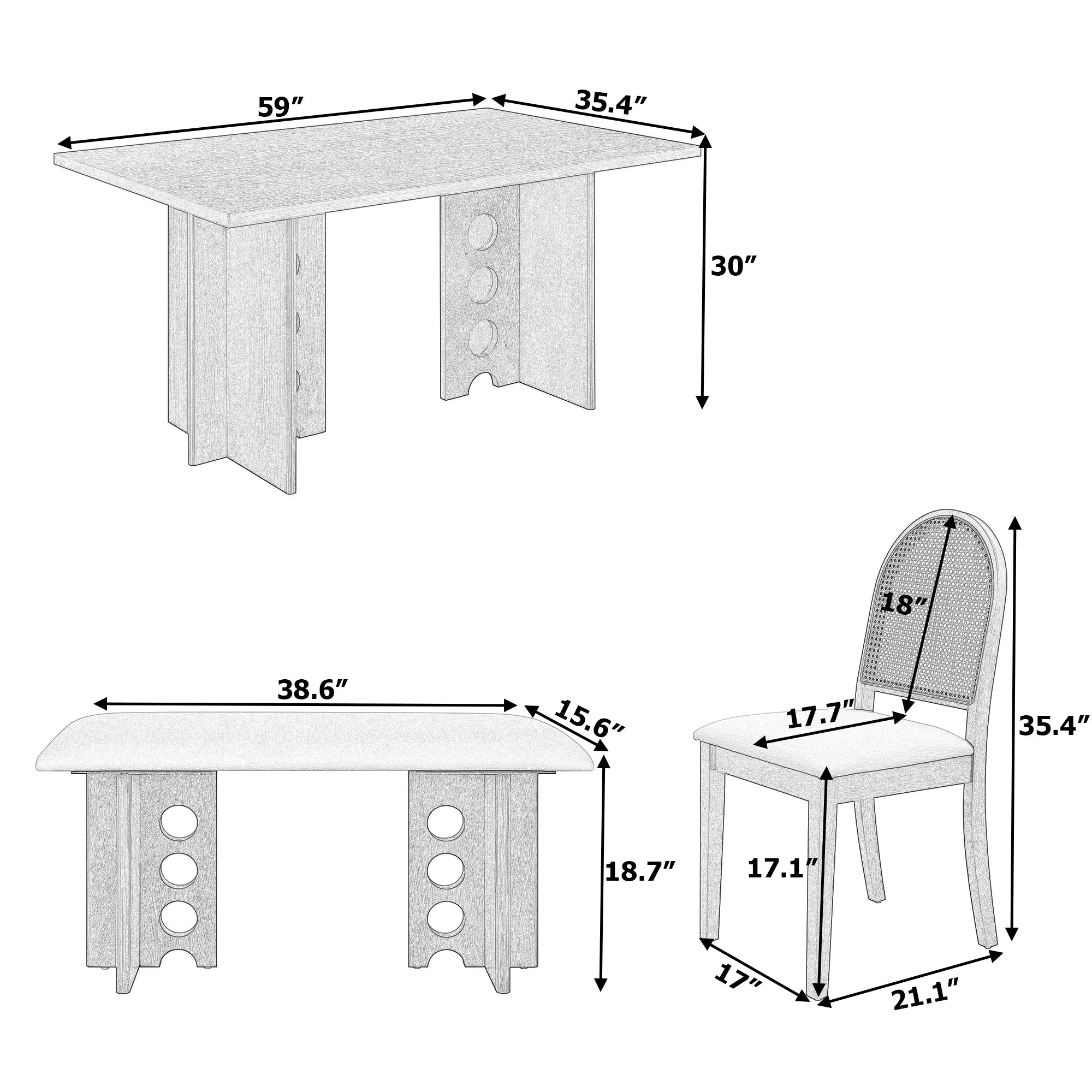 59" 6 Pieces Modern Dining Table Set With Chairs and Bench