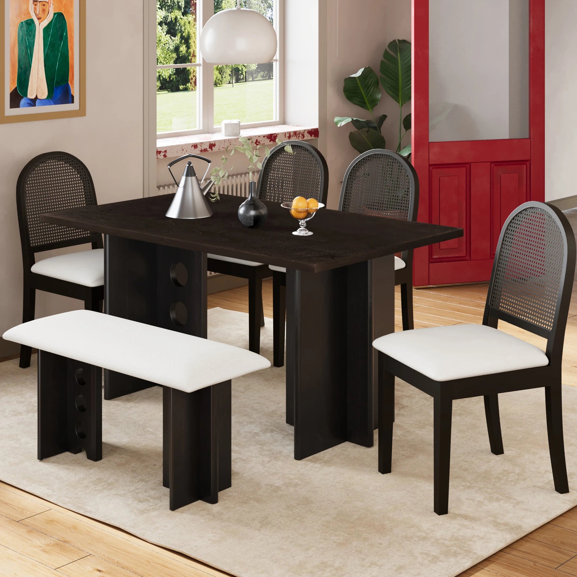 59" 6 Pieces Modern Dining Table Set With Chairs and Bench