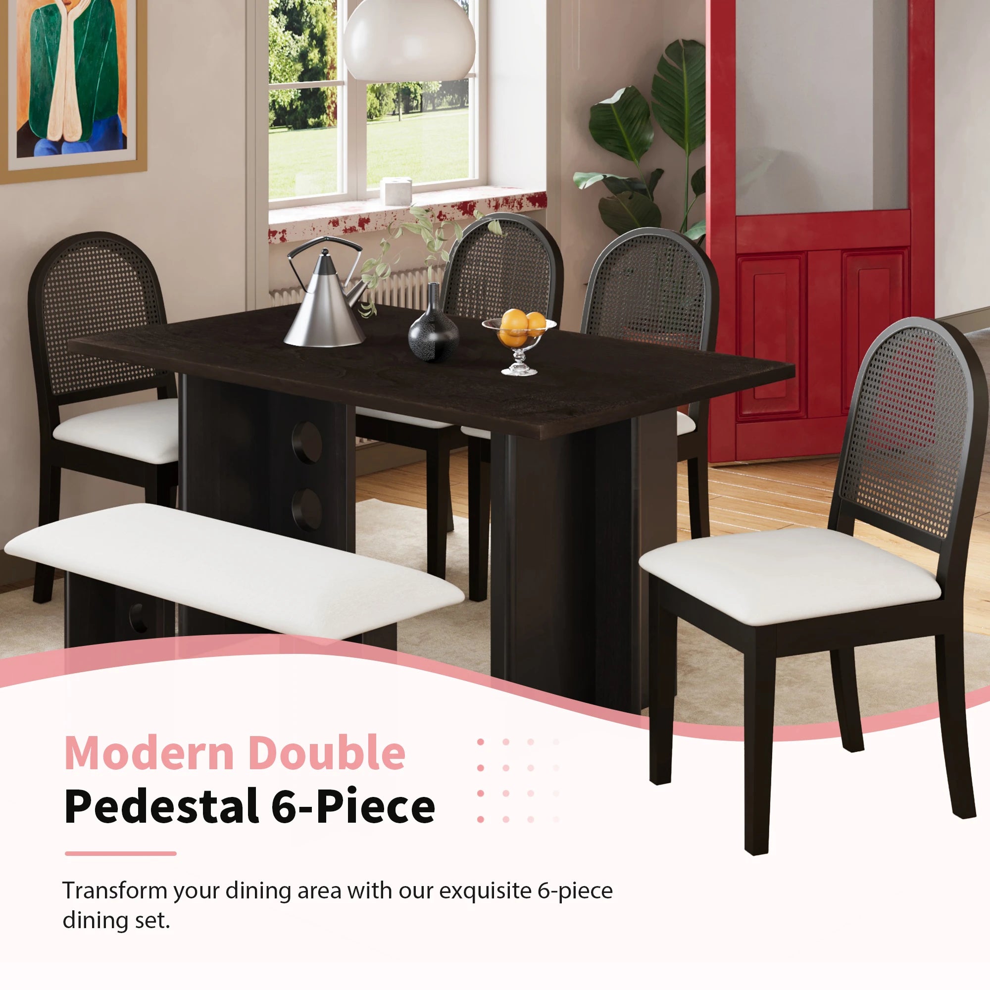 59" 6 Pieces Modern Dining Table Set With Chairs and Bench