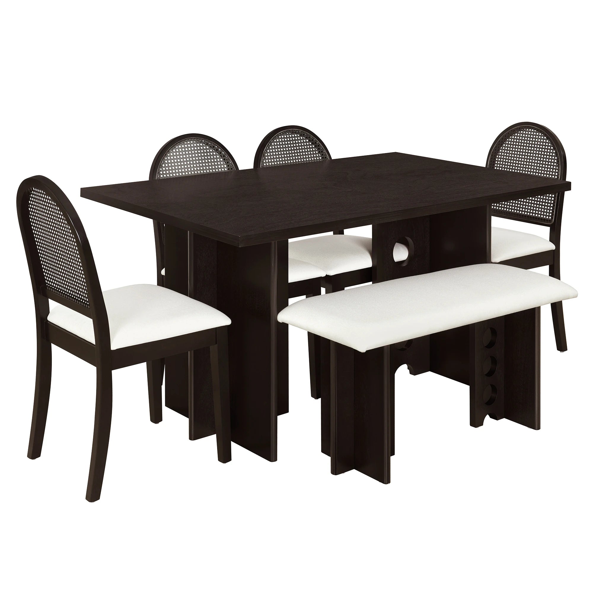 59" 6 Pieces Modern Dining Table Set With Chairs and Bench
