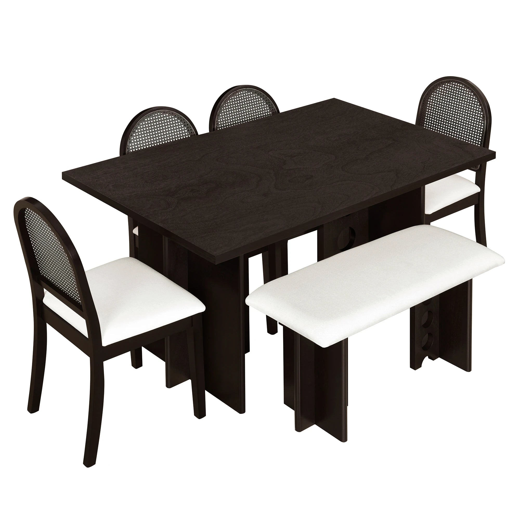 59" 6 Pieces Modern Dining Table Set With Chairs and Bench