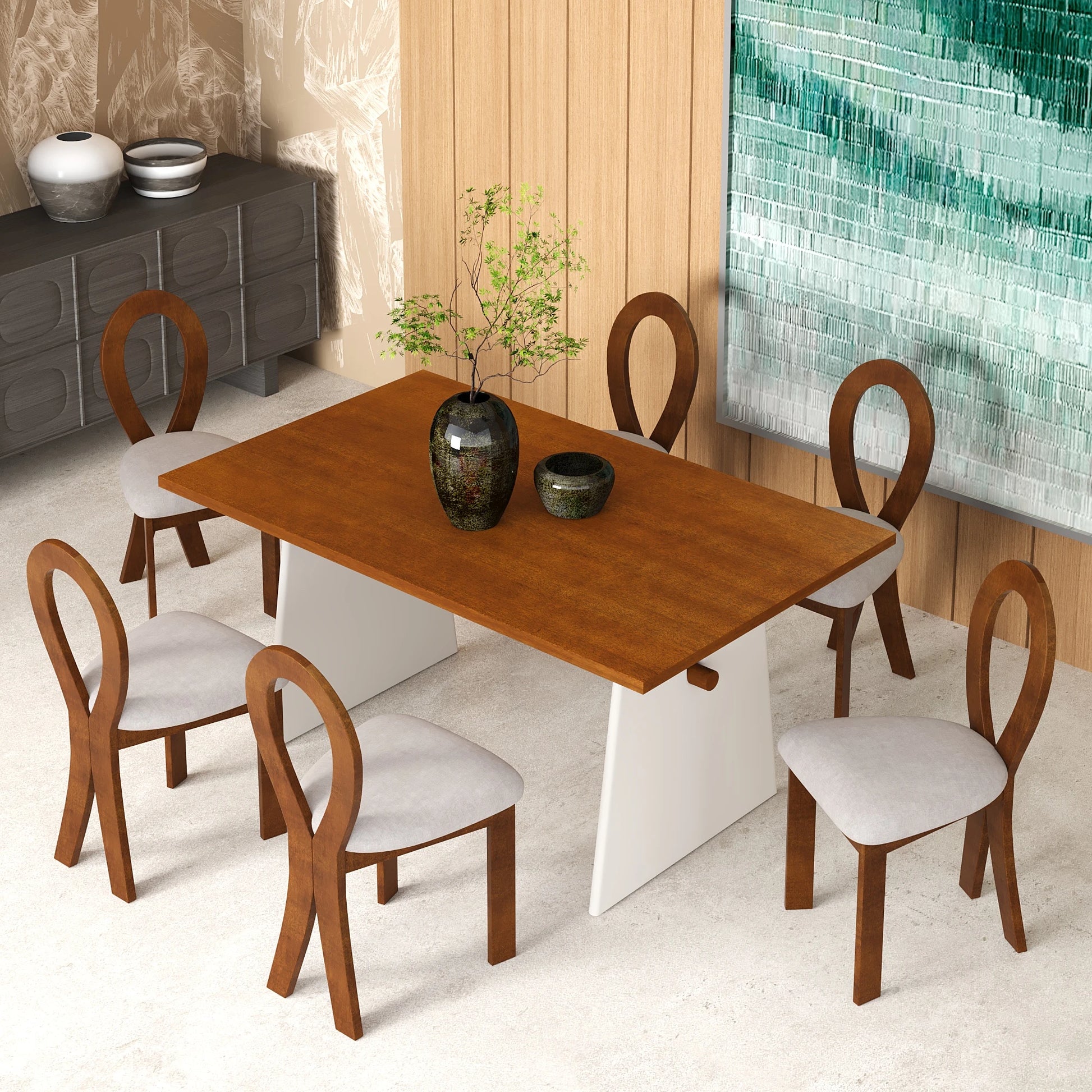 59“ Modern Trestle Dining Table Set With 6 Upholstered Chairs