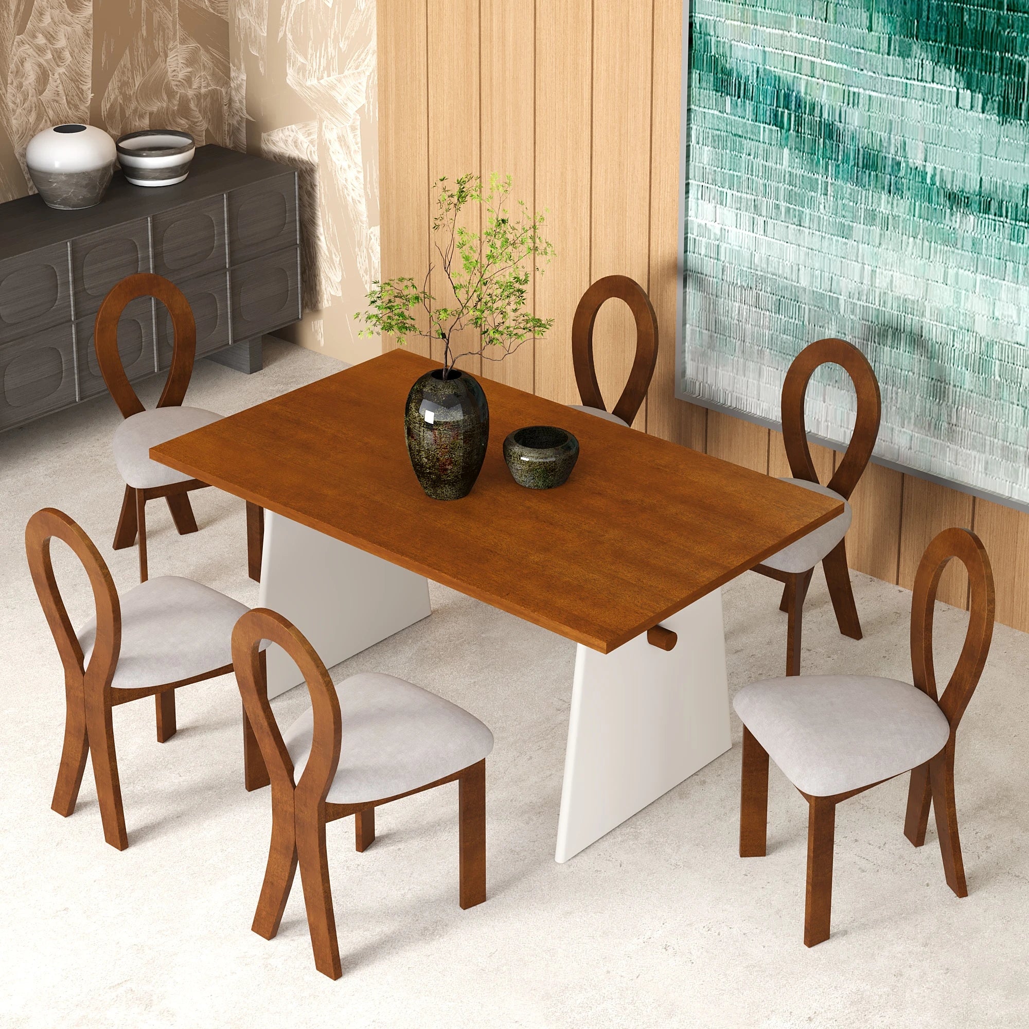 59“ Modern Trestle Dining Table Set With 6 Upholstered Chairs