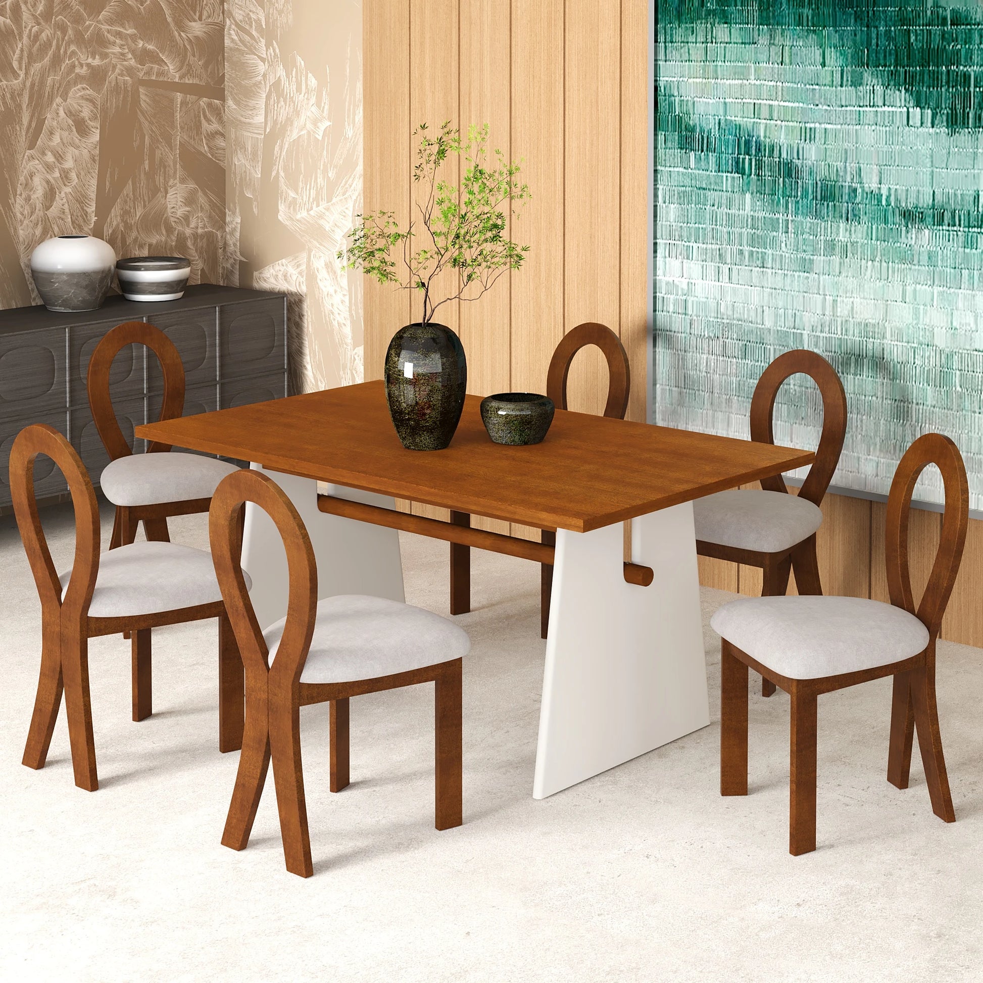 59“ Modern Trestle Dining Table Set With 6 Upholstered Chairs