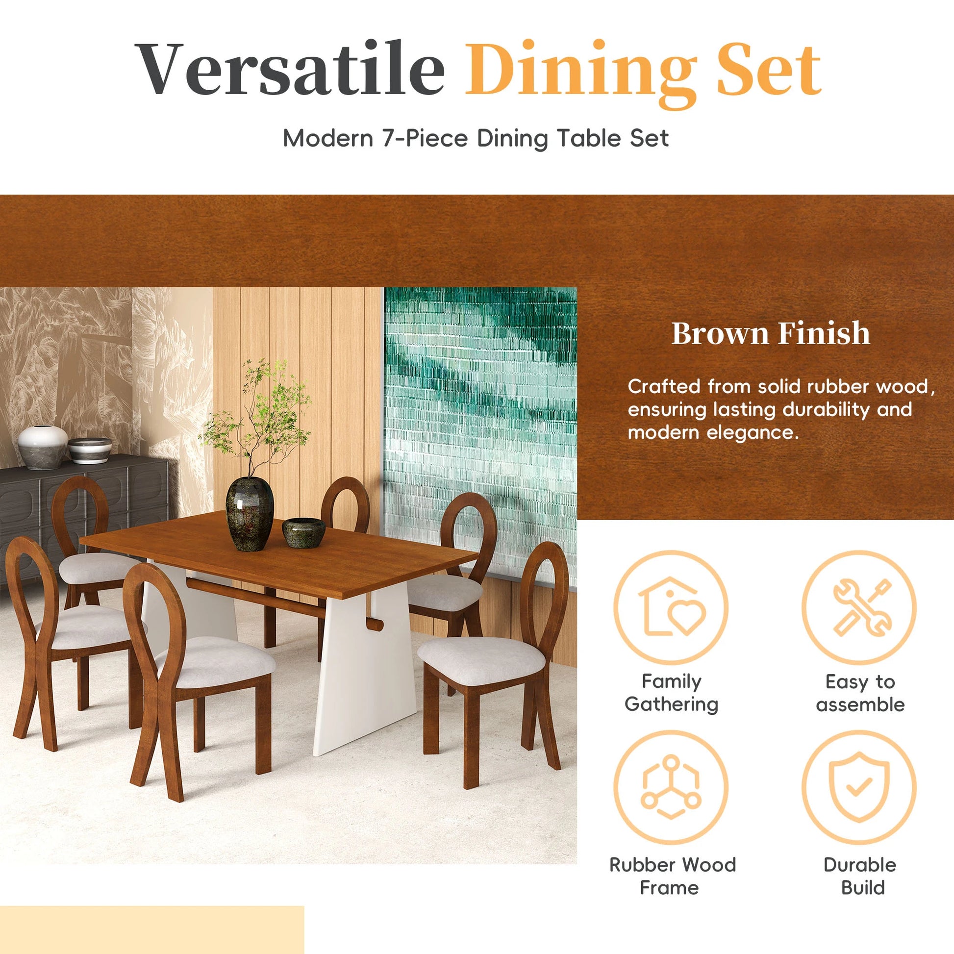 59“ Modern Trestle Dining Table Set With 6 Upholstered Chairs