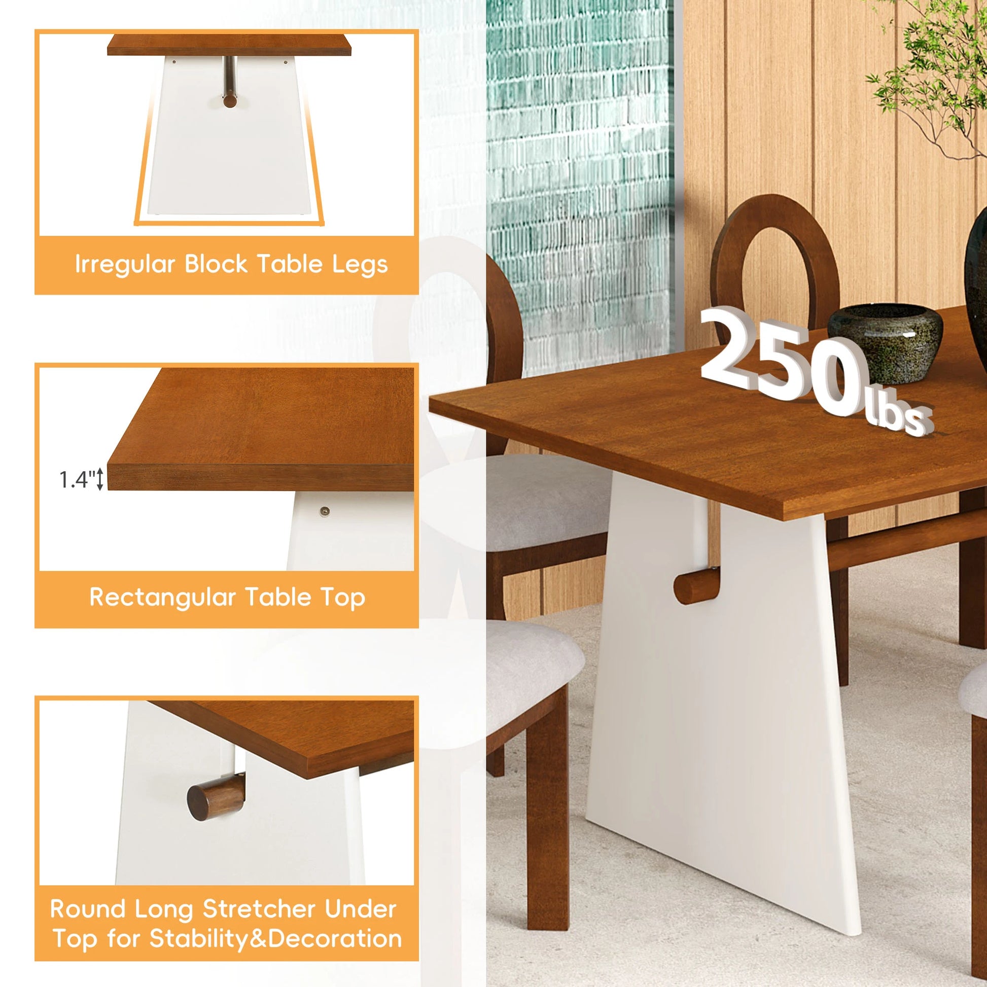 59“ Modern Trestle Dining Table Set With 6 Upholstered Chairs