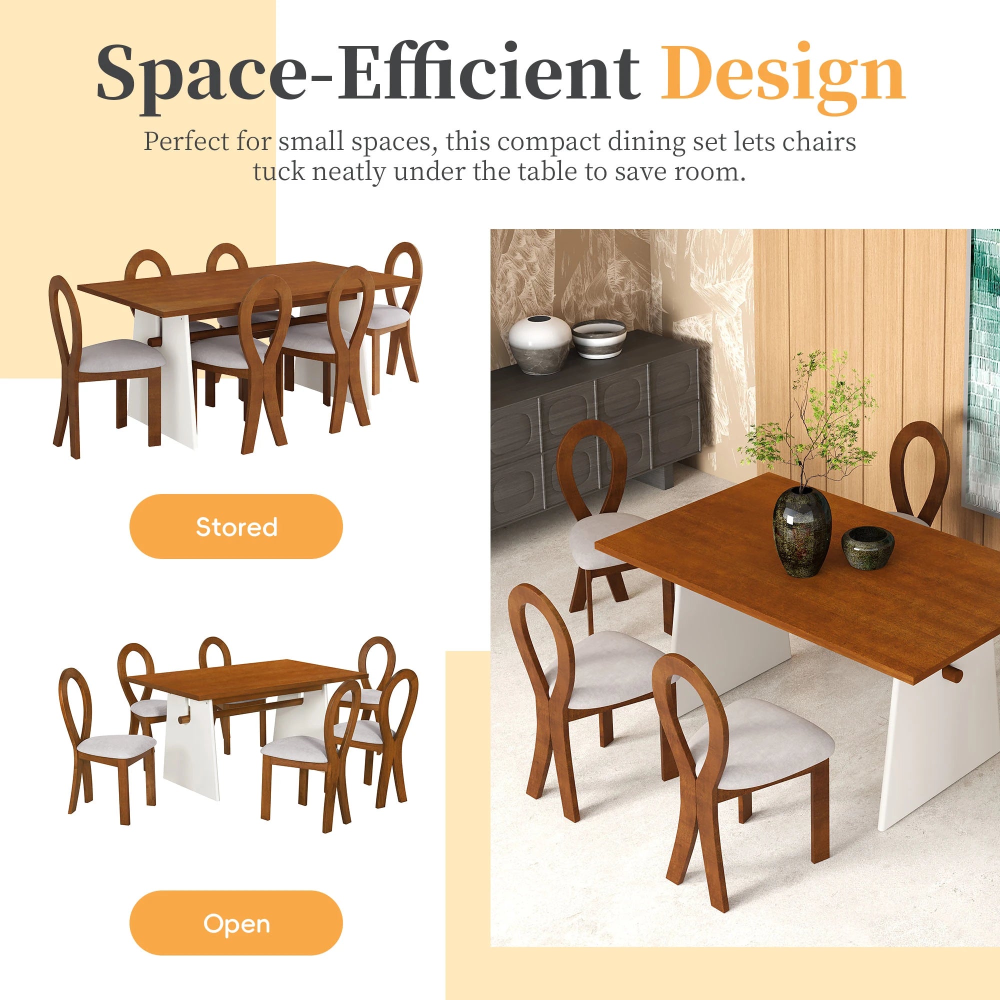 59“ Modern Trestle Dining Table Set With 6 Upholstered Chairs