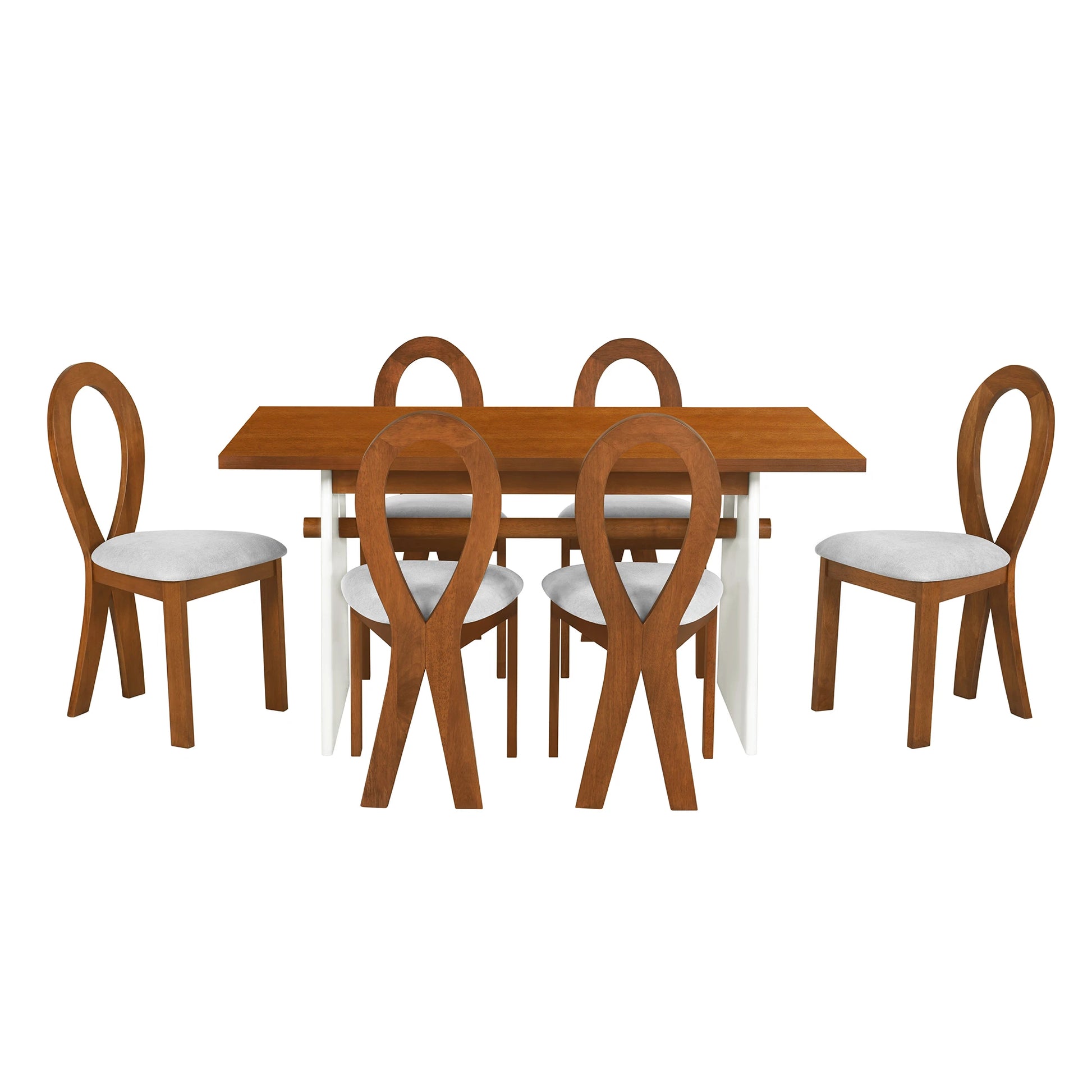 59“ Modern Trestle Dining Table Set With 6 Upholstered Chairs