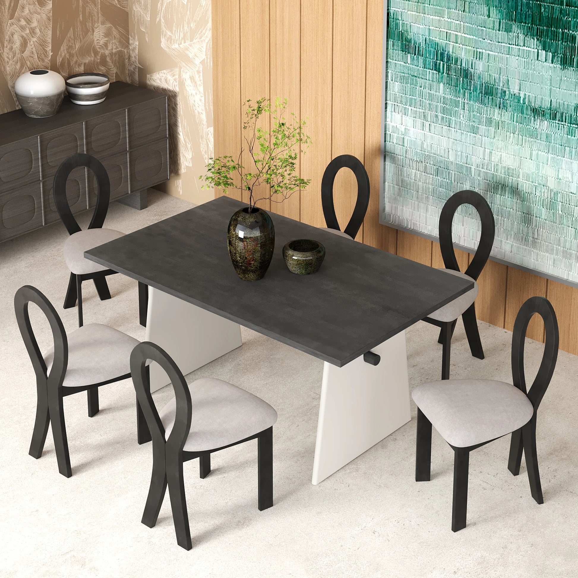 59“ Modern Trestle Dining Table Set With 6 Upholstered Chairs