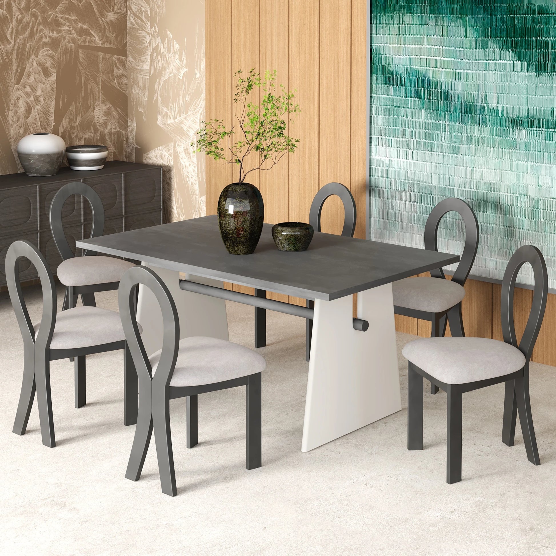 59“ Modern Trestle Dining Table Set With 6 Upholstered Chairs