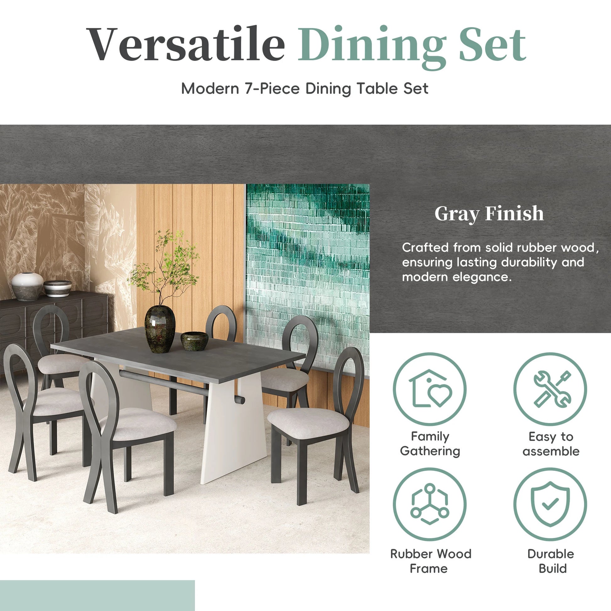 59“ Modern Trestle Dining Table Set With 6 Upholstered Chairs