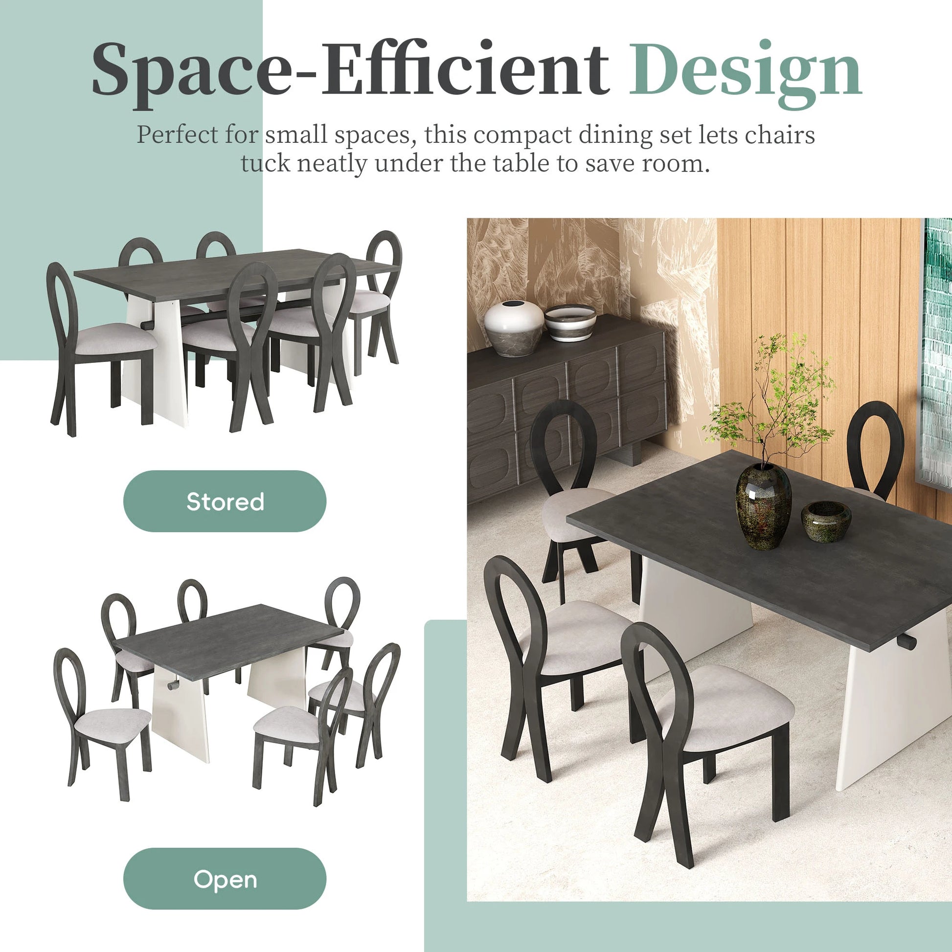 59“ Modern Trestle Dining Table Set With 6 Upholstered Chairs