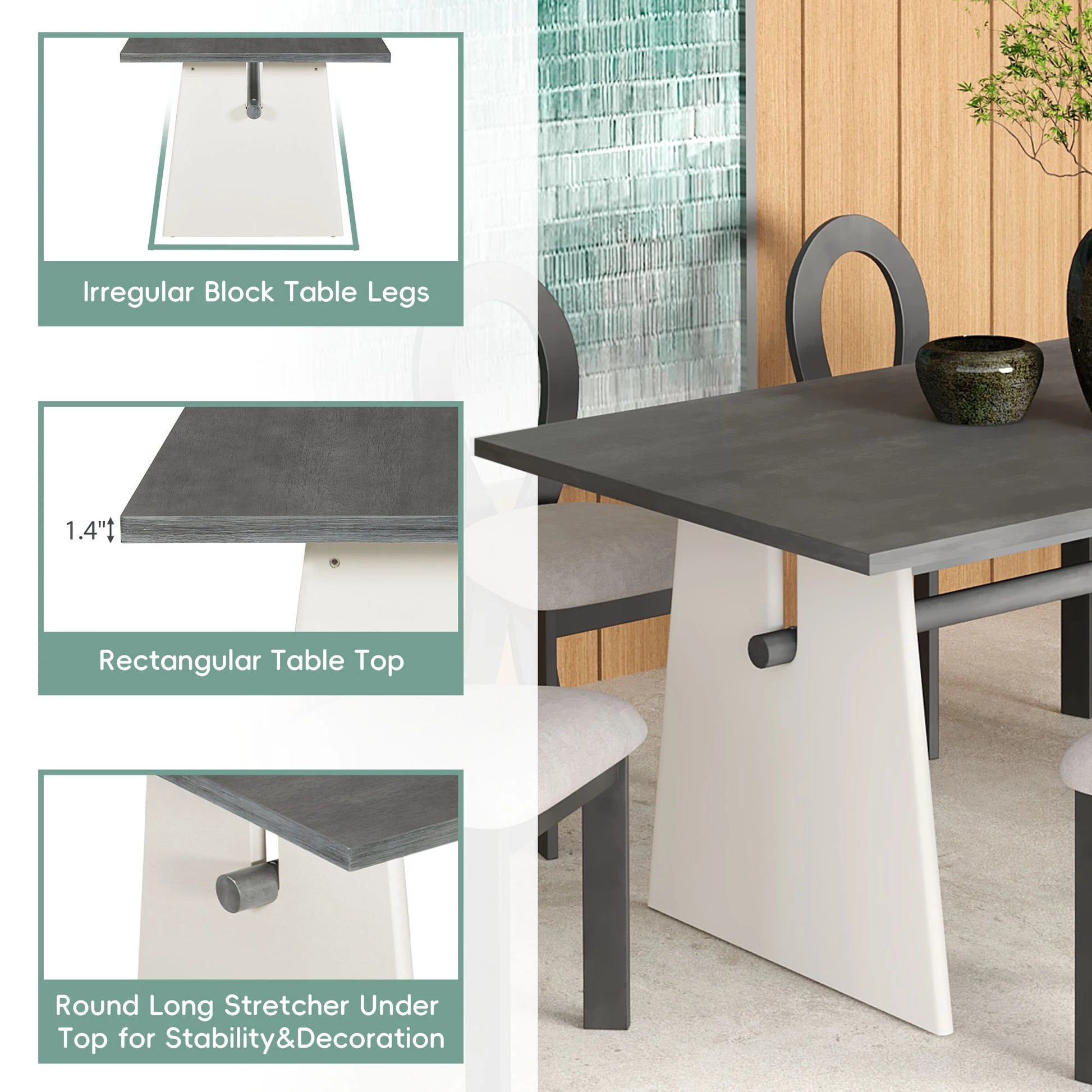 59“ Modern Trestle Dining Table Set With 6 Upholstered Chairs