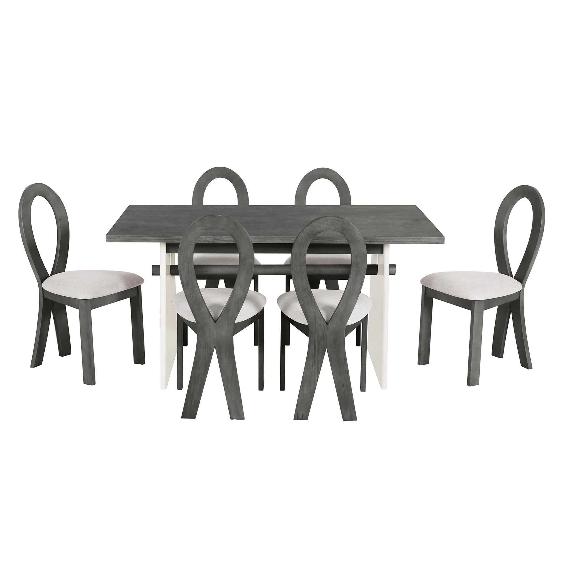 59“ Modern Trestle Dining Table Set With 6 Upholstered Chairs