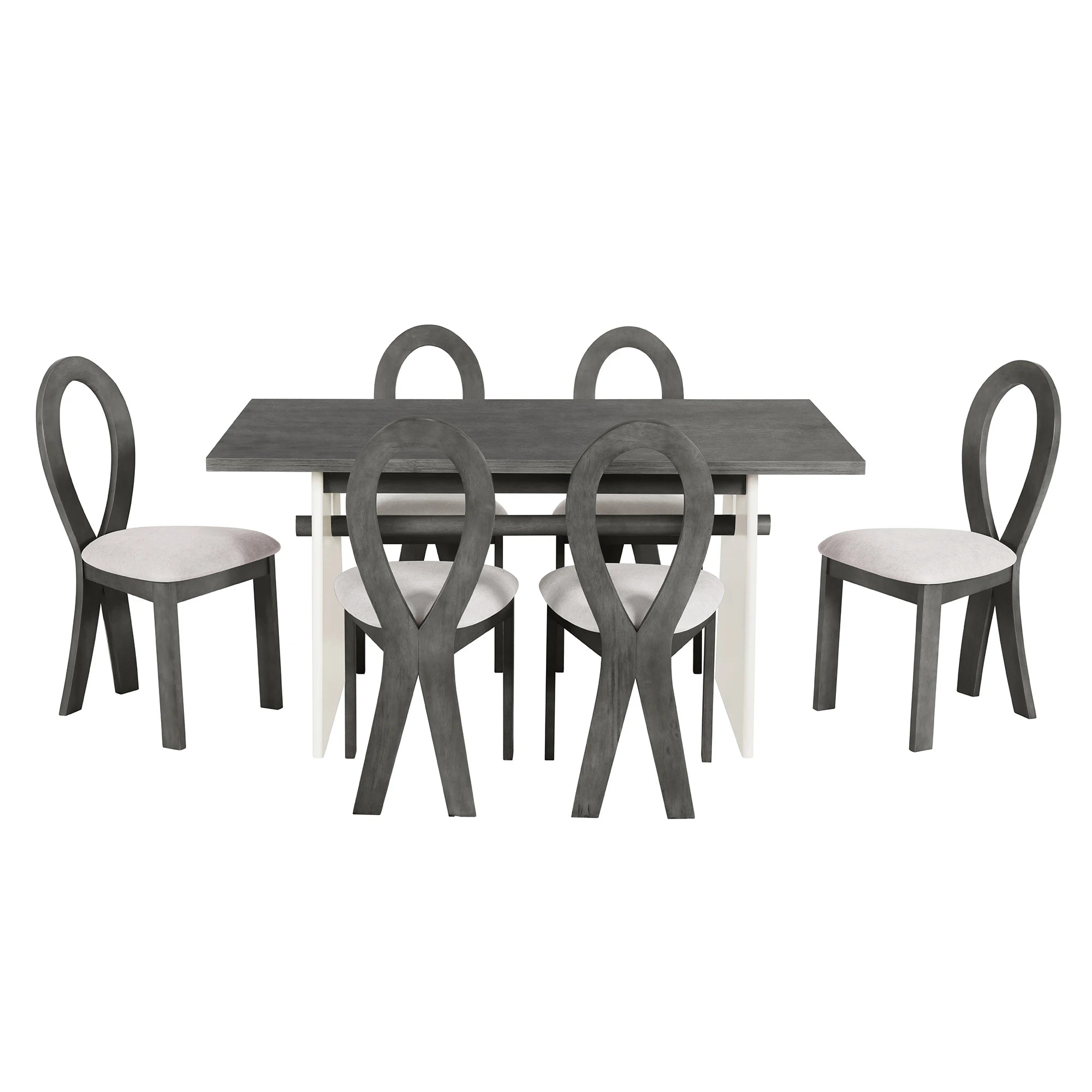 59“ Modern Trestle Dining Table Set With 6 Upholstered Chairs