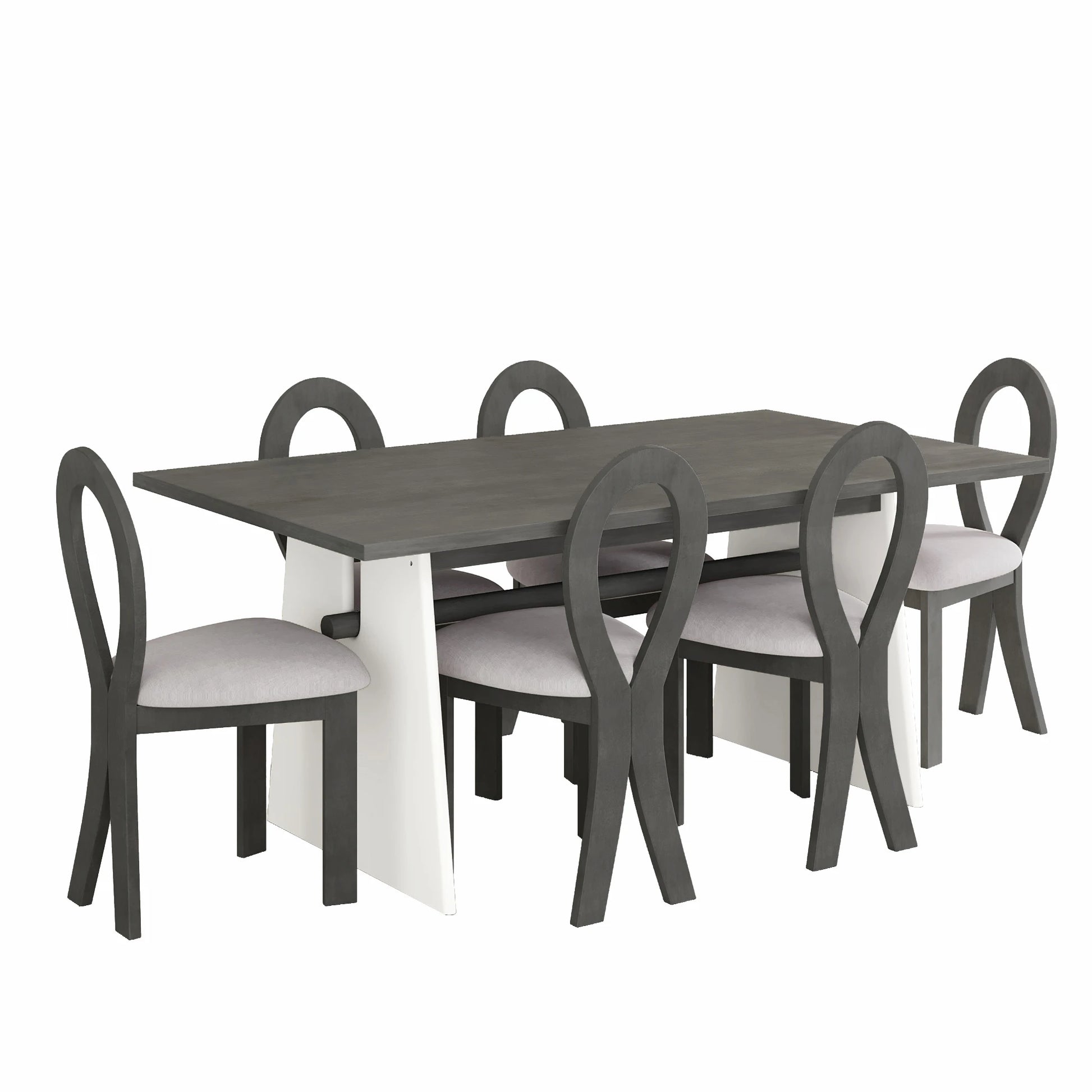 59“ Modern Trestle Dining Table Set With 6 Upholstered Chairs