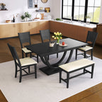 6-Piece Wood Modern Dining Table Set with Bench and 4 Dining Chairs