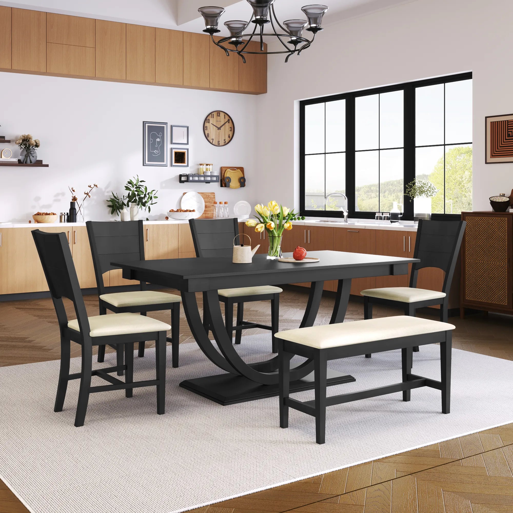 6-Piece Wood Modern Dining Table Set with Bench and 4 Dining Chairs