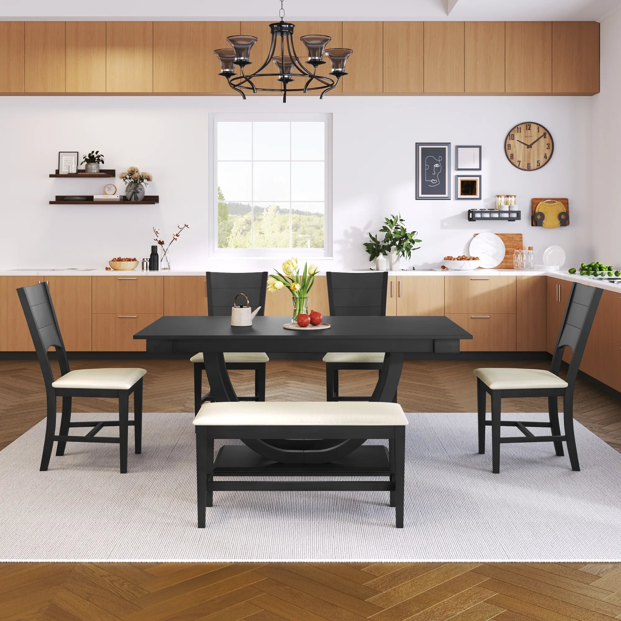 6-Piece Wood Modern Dining Table Set with Bench and 4 Dining Chairs