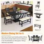 6-Piece Wood Modern Dining Table Set with Bench and 4 Dining Chairs