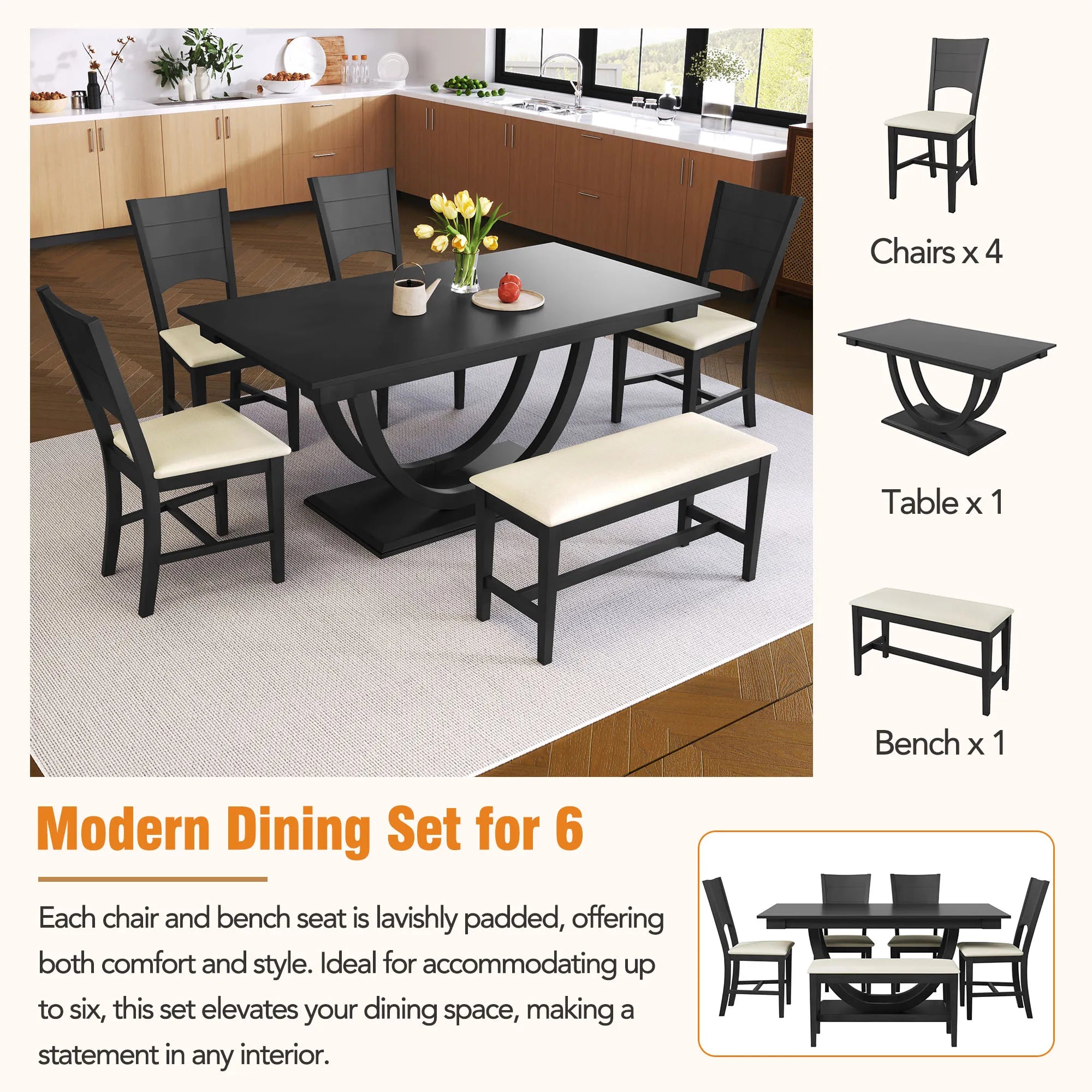 6-Piece Wood Modern Dining Table Set with Bench and 4 Dining Chairs