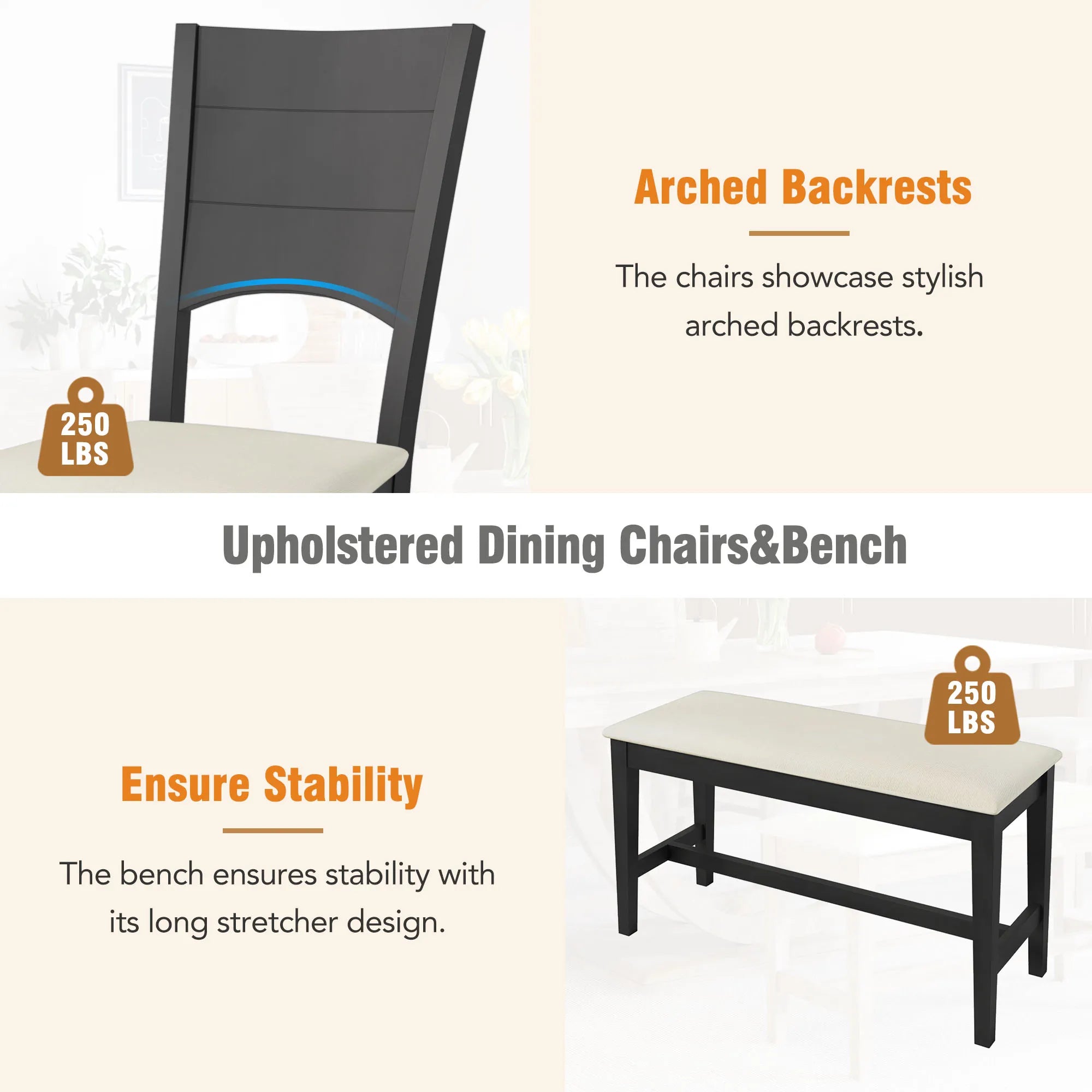 6-Piece Wood Modern Dining Table Set with Bench and 4 Dining Chairs