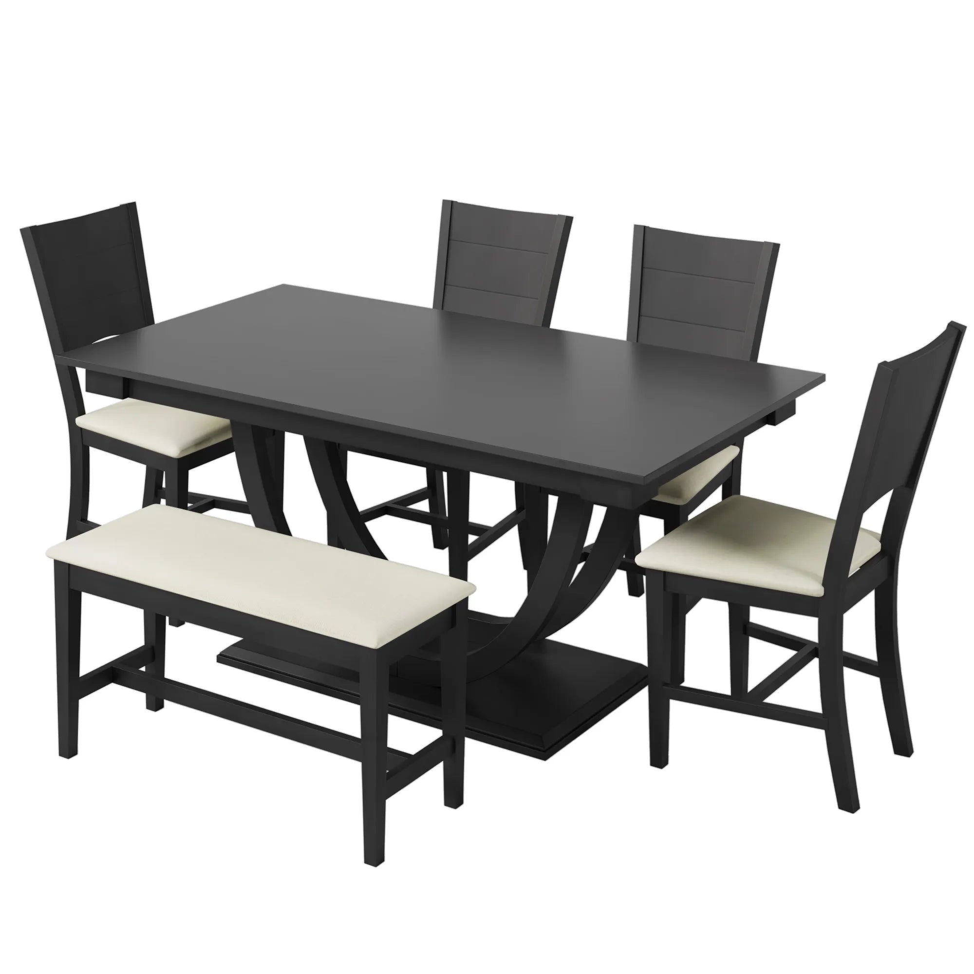 6-Piece Wood Modern Dining Table Set with Bench and 4 Dining Chairs