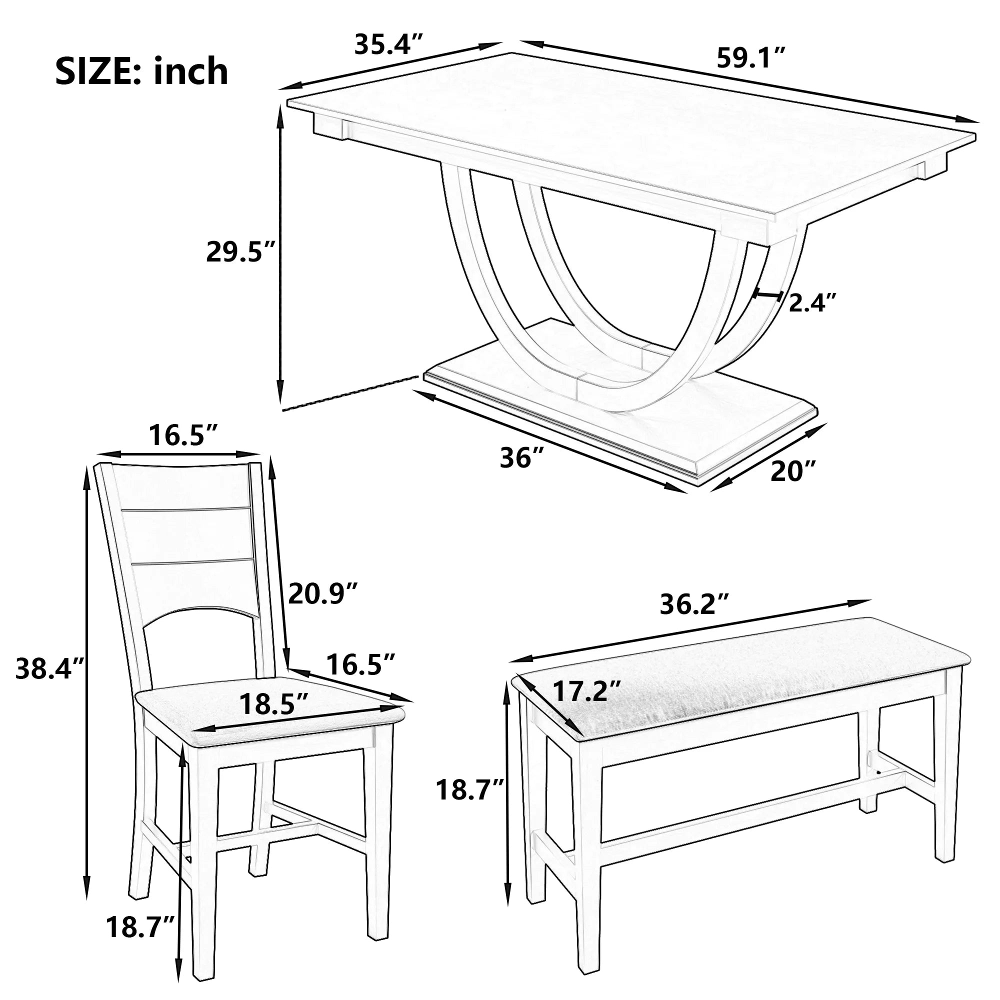 6-Piece Wood Modern Dining Table Set with Bench and 4 Dining Chairs