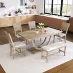 6-Piece Wood Modern Dining Table Set with Bench and 4 Dining Chairs