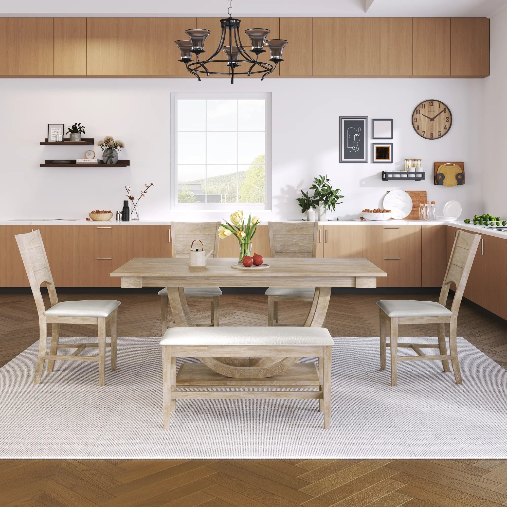 6-Piece Wood Modern Dining Table Set with Bench and 4 Dining Chairs