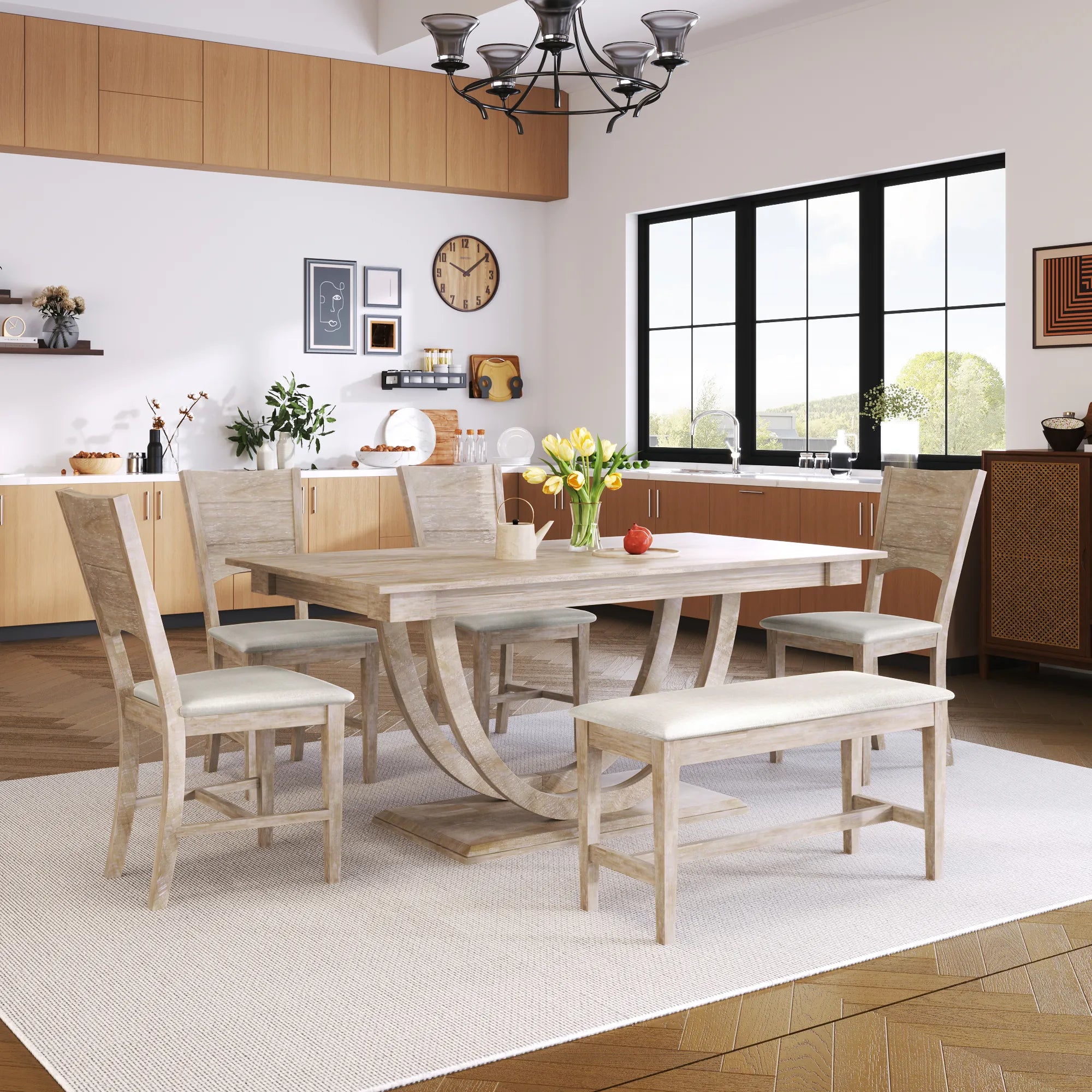 6-Piece Wood Modern Dining Table Set with Bench and 4 Dining Chairs