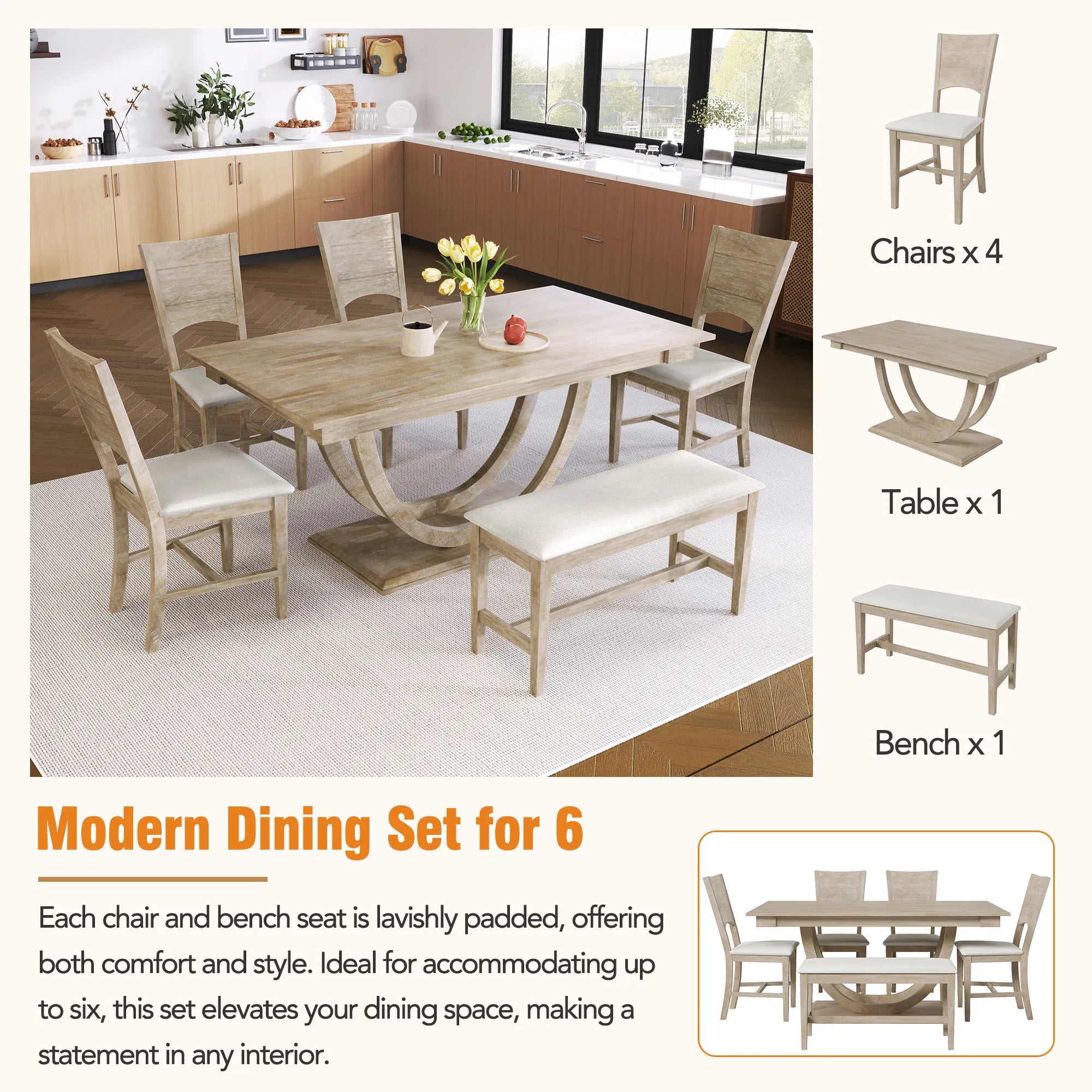 6-Piece Wood Modern Dining Table Set with Bench and 4 Dining Chairs