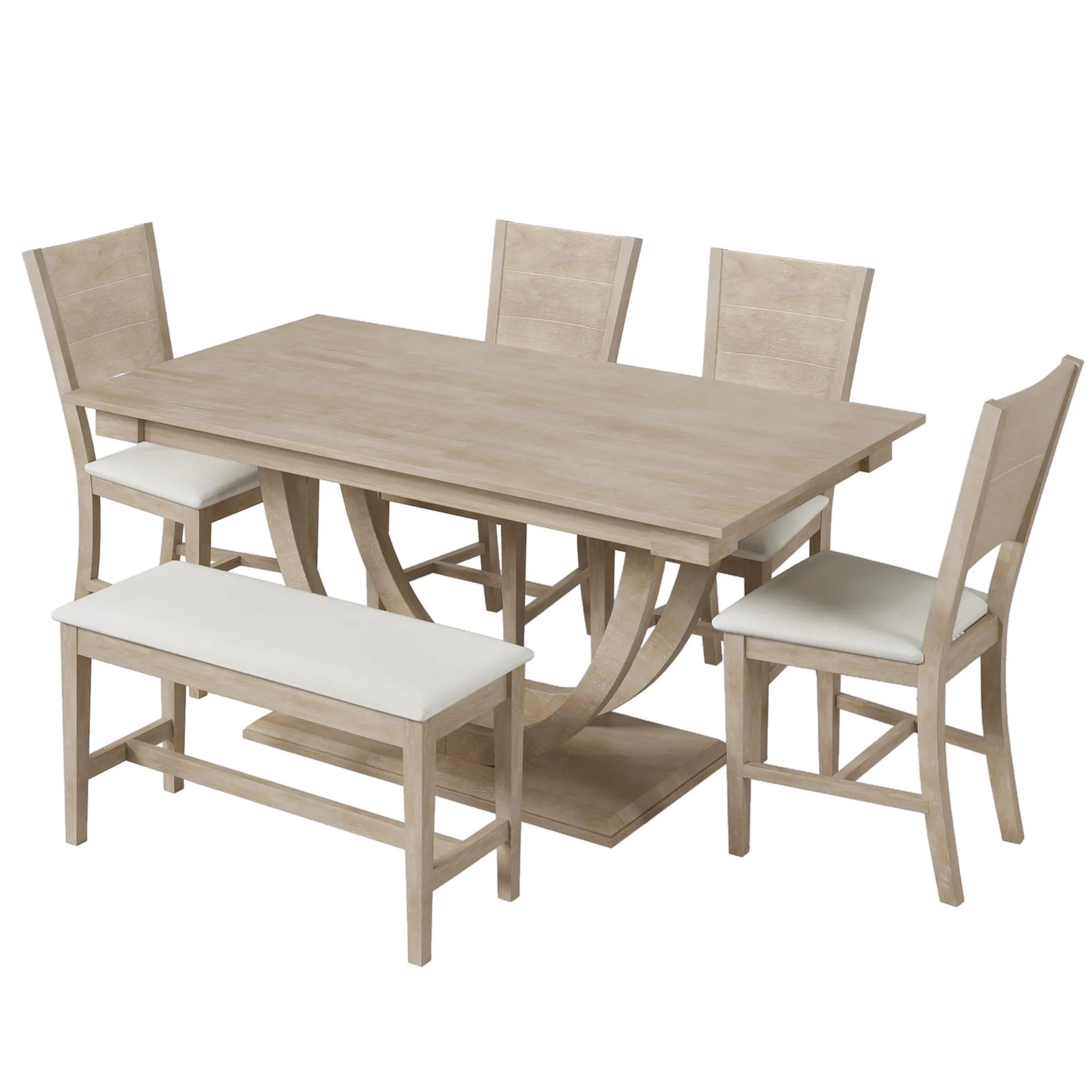 6-Piece Wood Modern Dining Table Set with Bench and 4 Dining Chairs