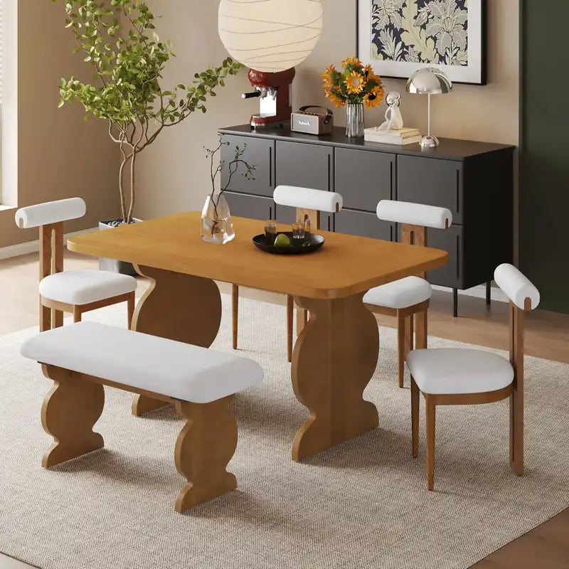 60" 6-Piece Mid-Century Modern Dining Table Set With 4 Chairs and Bench