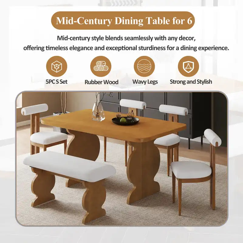 60" 6-Piece Mid-Century Modern Dining Table Set With 4 Chairs and Bench