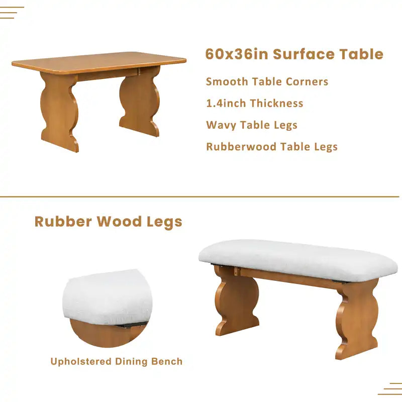 60" 6-Piece Mid-Century Modern Dining Table Set With 4 Chairs and Bench