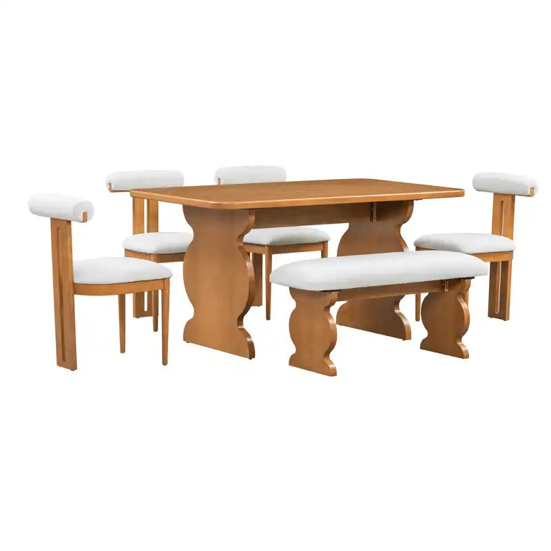 60" 6-Piece Mid-Century Modern Dining Table Set With 4 Chairs and Bench