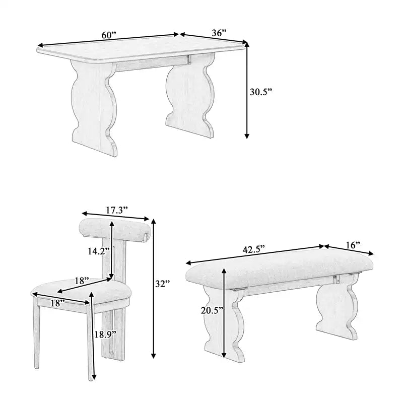60" 6-Piece Mid-Century Modern Dining Table Set With 4 Chairs and Bench